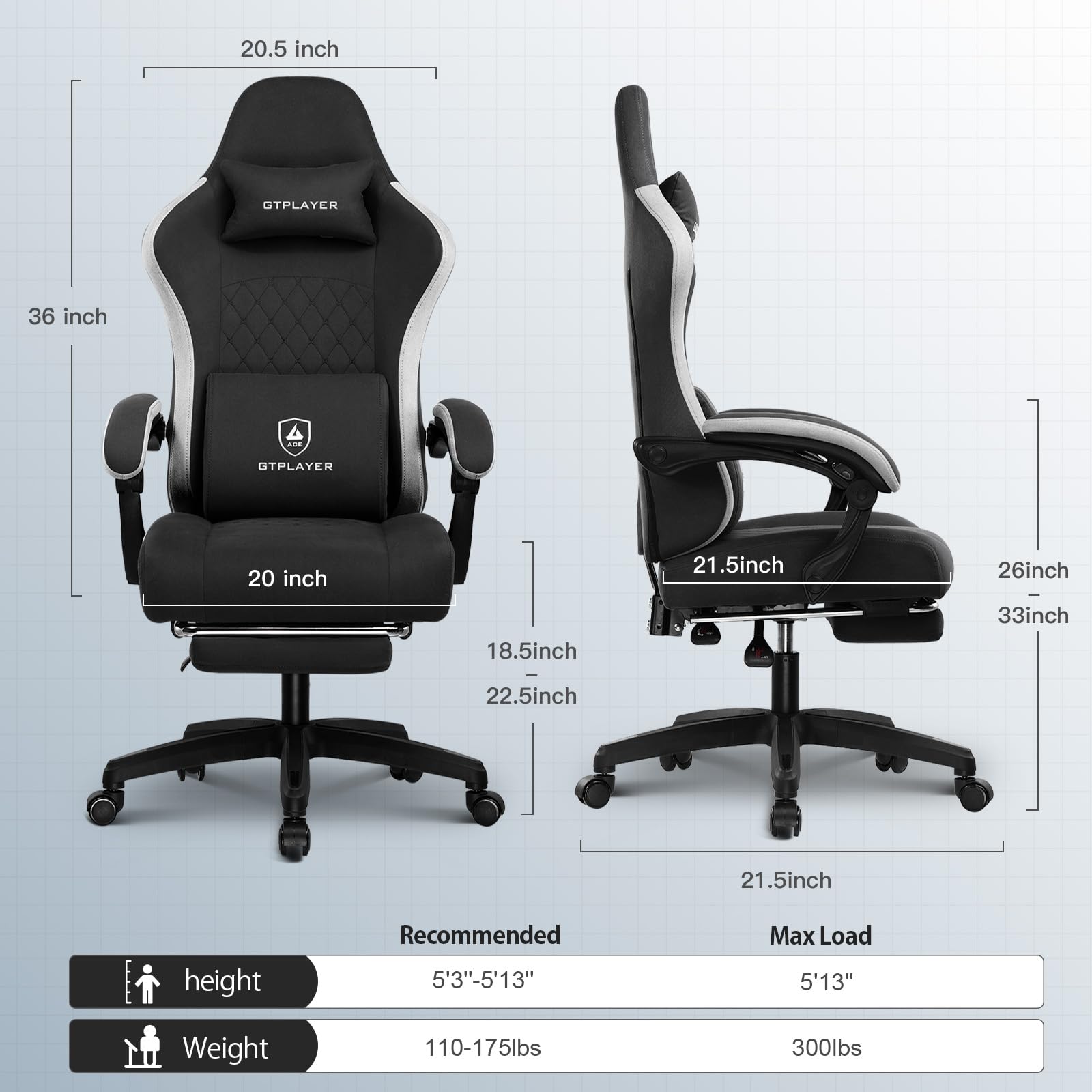 GTPLAYER Gaming Chair with Lumbar Support and Footrest