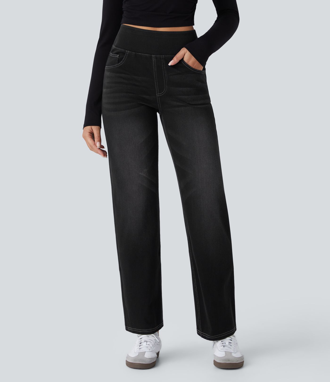 Jean décontracté Halara Flex™ taille haute, extensible, délavé, jambes droites avec poches multiples