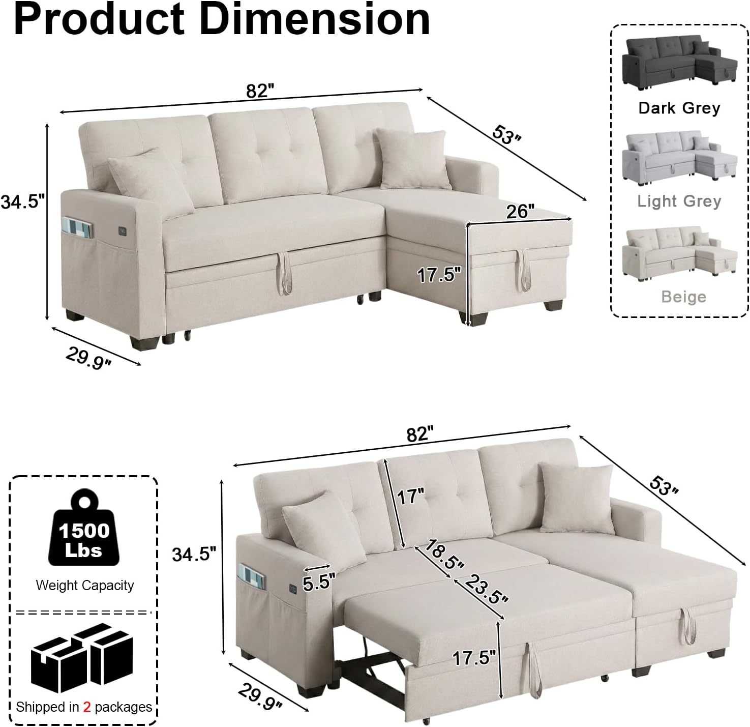 82 L Shaped Sleeper Sofa Bed: Sectional Sleeper Couch with Pull Out Bed, Storage Chaise, USB Charging, 3 Seat Sectional Sofa Bed with Throw Pillow for Living Room (Linen Fabric, Beige)