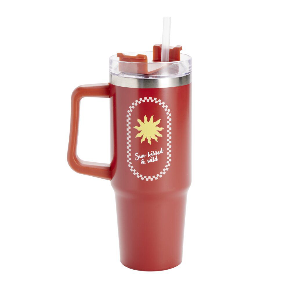 Gourde isotherme mug 900ml inox et plastique motif tropical avec paille (2 modèles)