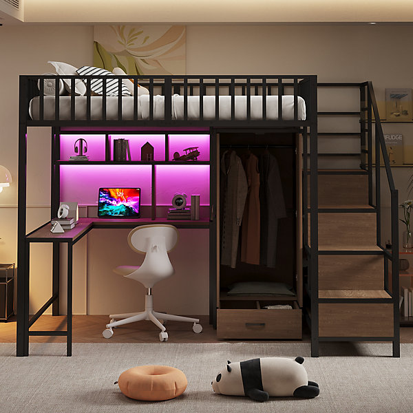 Lit mezzanine en métal 140x200 cm avec LED - avec étagères - armoire tiroir - échelle de rangement - noir (sans matelas)