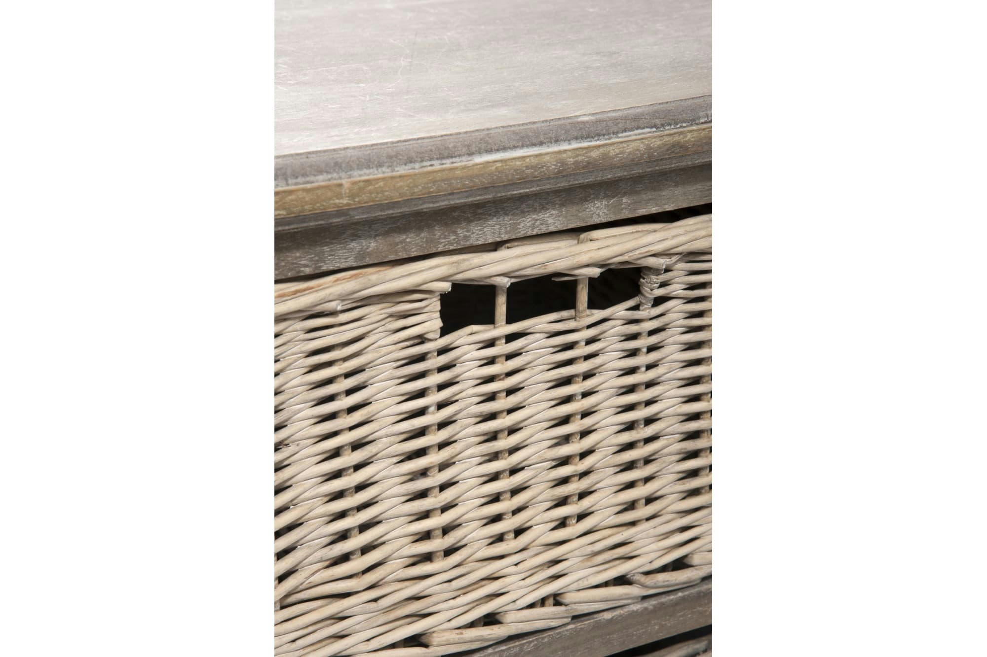 KÖRG - Buffet en bois massif patiné 2 tiroirs 1 portes et 6 paniers en osier