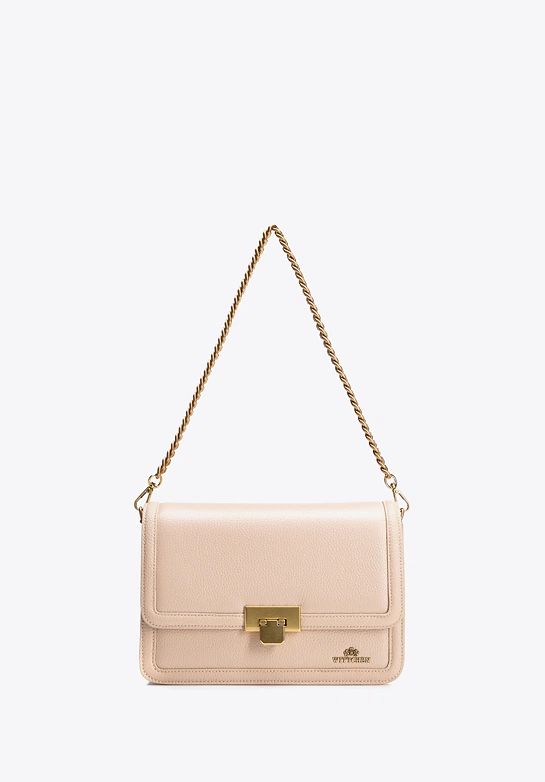 Skórzana torebka crossbody z łańcuszkiem beżowa