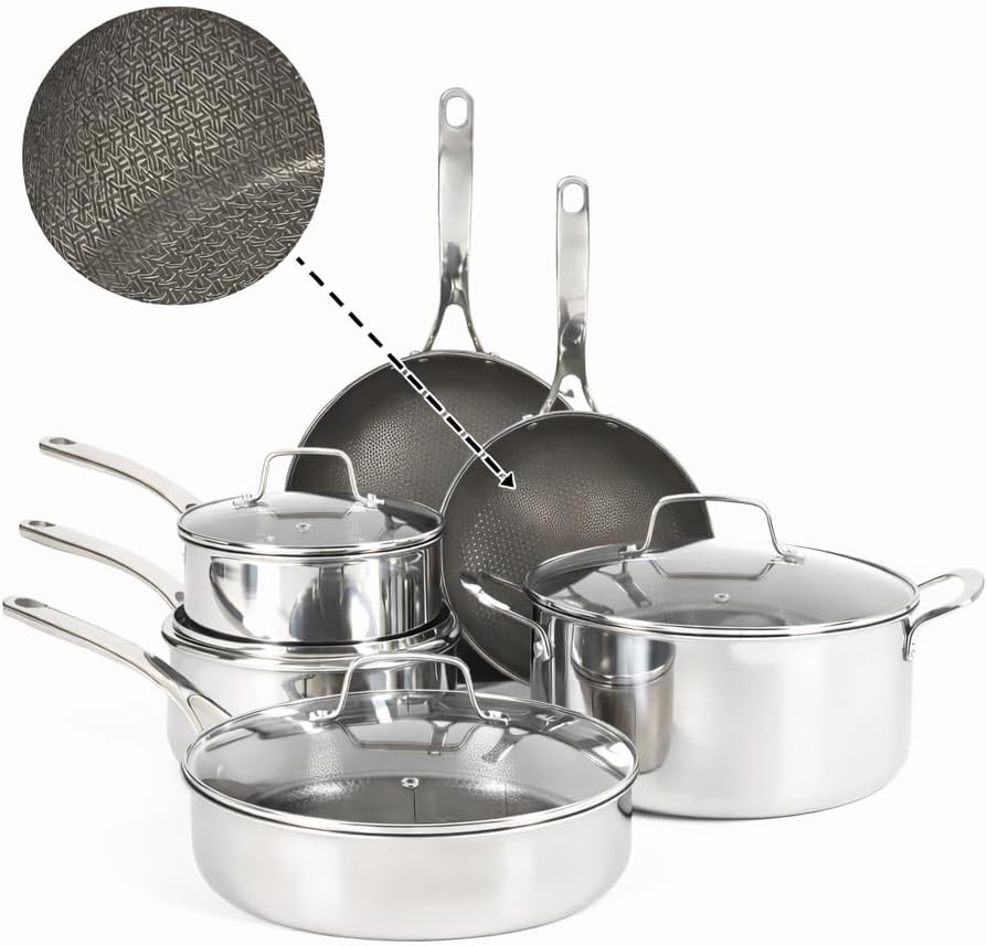 Martha Stewart Badgley Hybrid Nonstick 10 Piece TriPly Stainless Steel Pots and Pans Non-Toxic Kitchen Cookware Set - Laser Etched Perfect Sear Nonstick W/Stay Cool Handle Dishwasher & Induction Safe