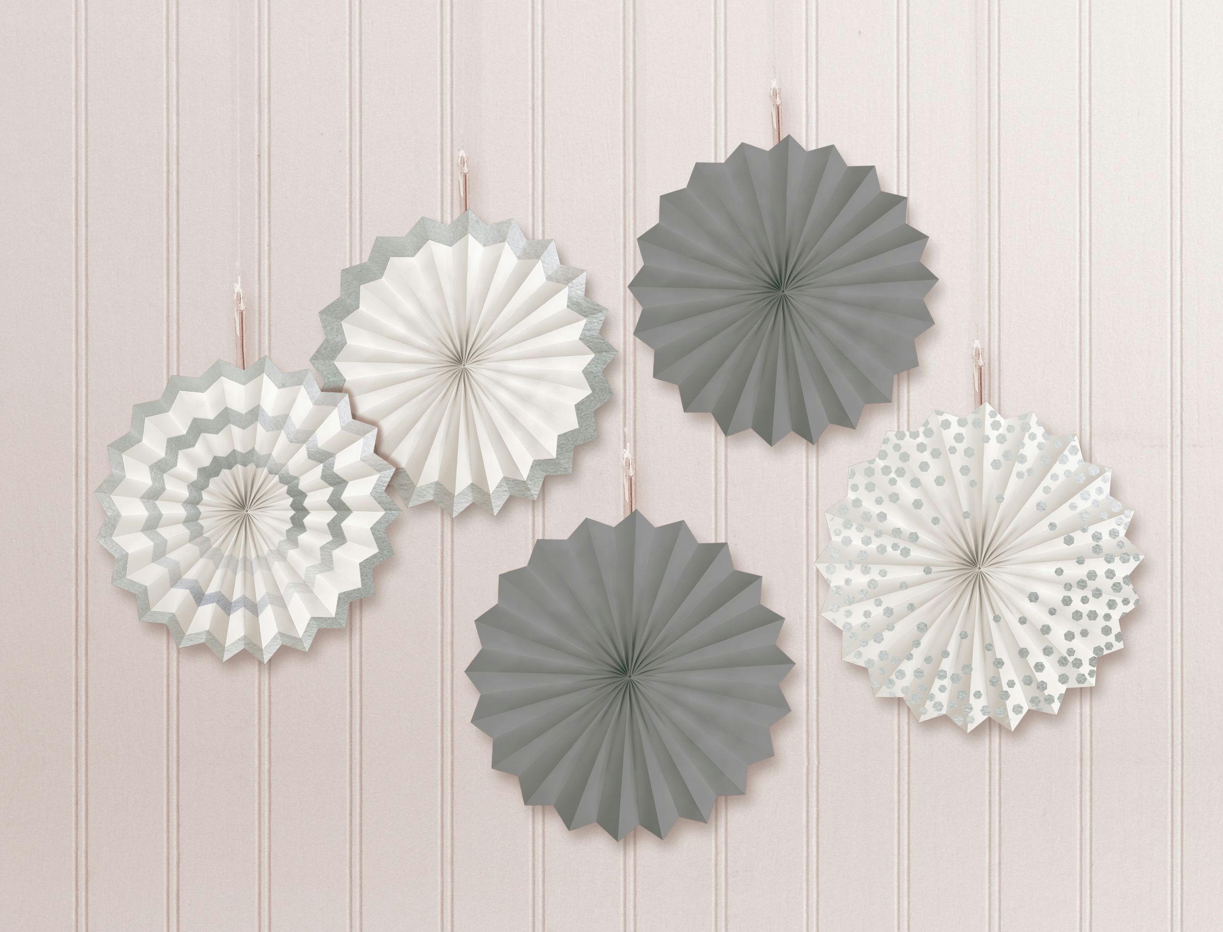 Mini Silver Patterned Paper Fan Decorations, 5-ct