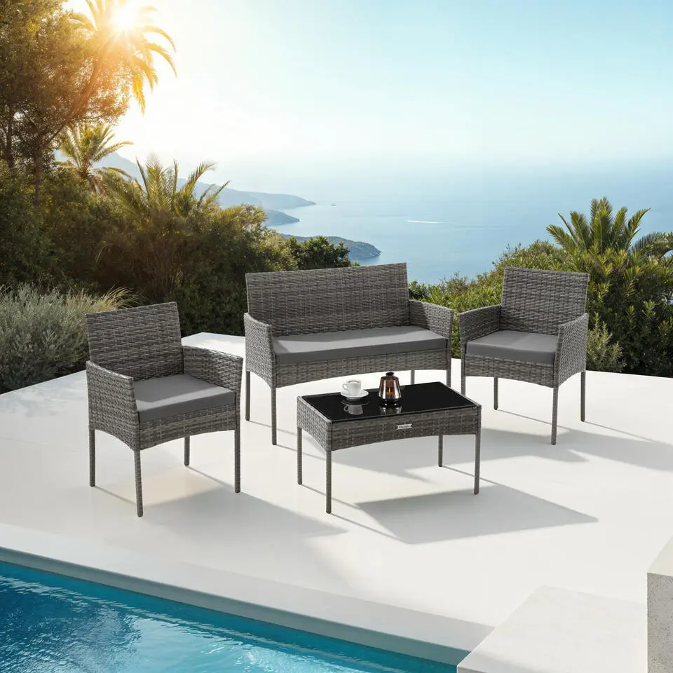 tectake Wicker loungeset Palese voor 4 personen - Grijs