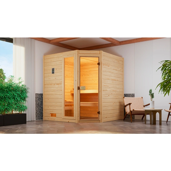 Massivholzsauna »VALIDA ECK 1.8«, 6 Personen, inkl. 4,5 kW Ofen mit externer Steuerung