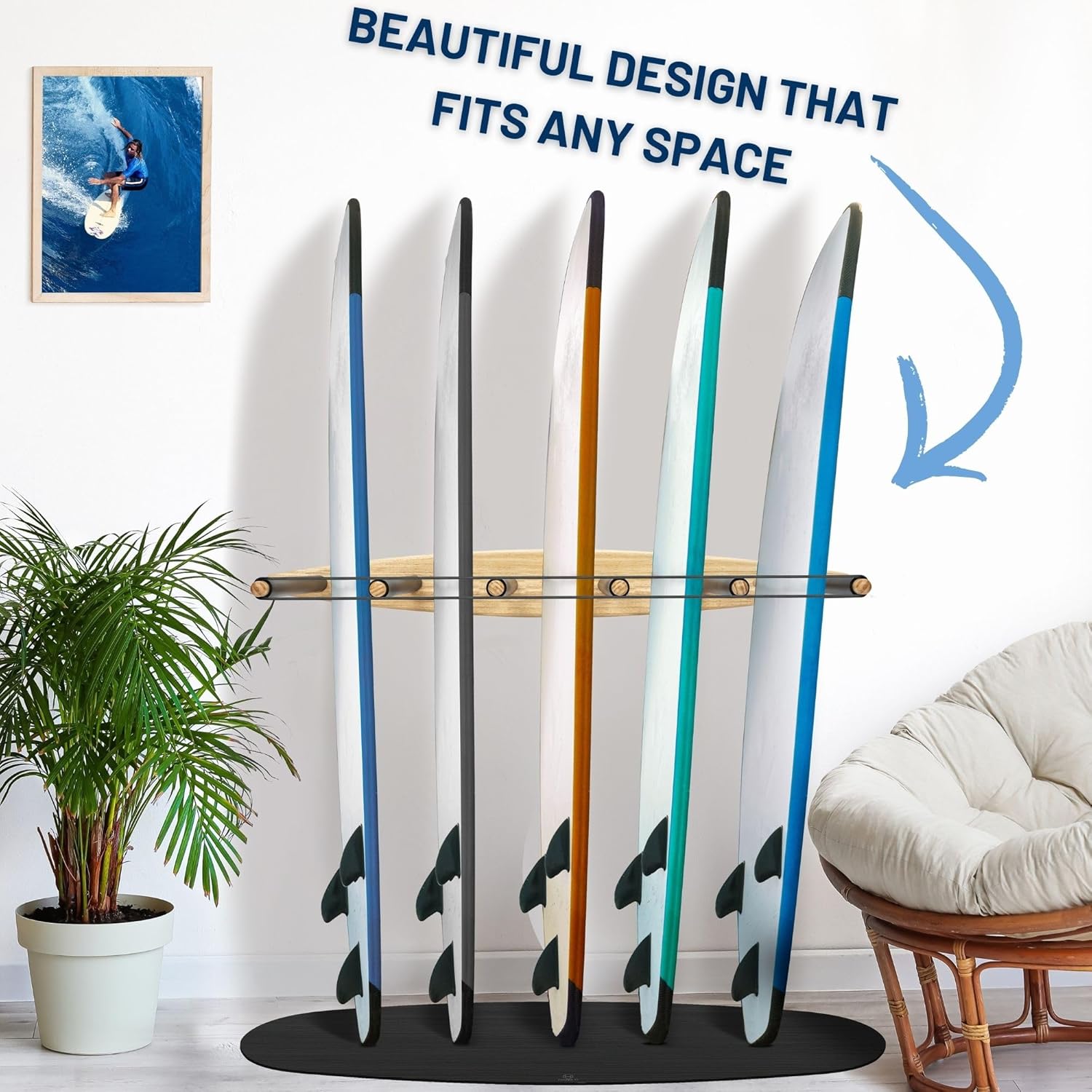 Hang 11 Vertical Surfboard Rack - Surf Racks for Wall, Sustainable Hardwood Surf Board Holder with Rubber Mat, Surfboard Wall Mount, Paddle Board & SUP Garage Storage (6 arms / 5-6 boards)