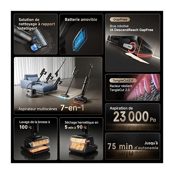 DREAME H15 Mix Aspirateur Laveur 7-en-1 - Bras robotique IA - Nettoyage des Bords Triple - 23 kPa - Lavage Brosse a l'eau a 100