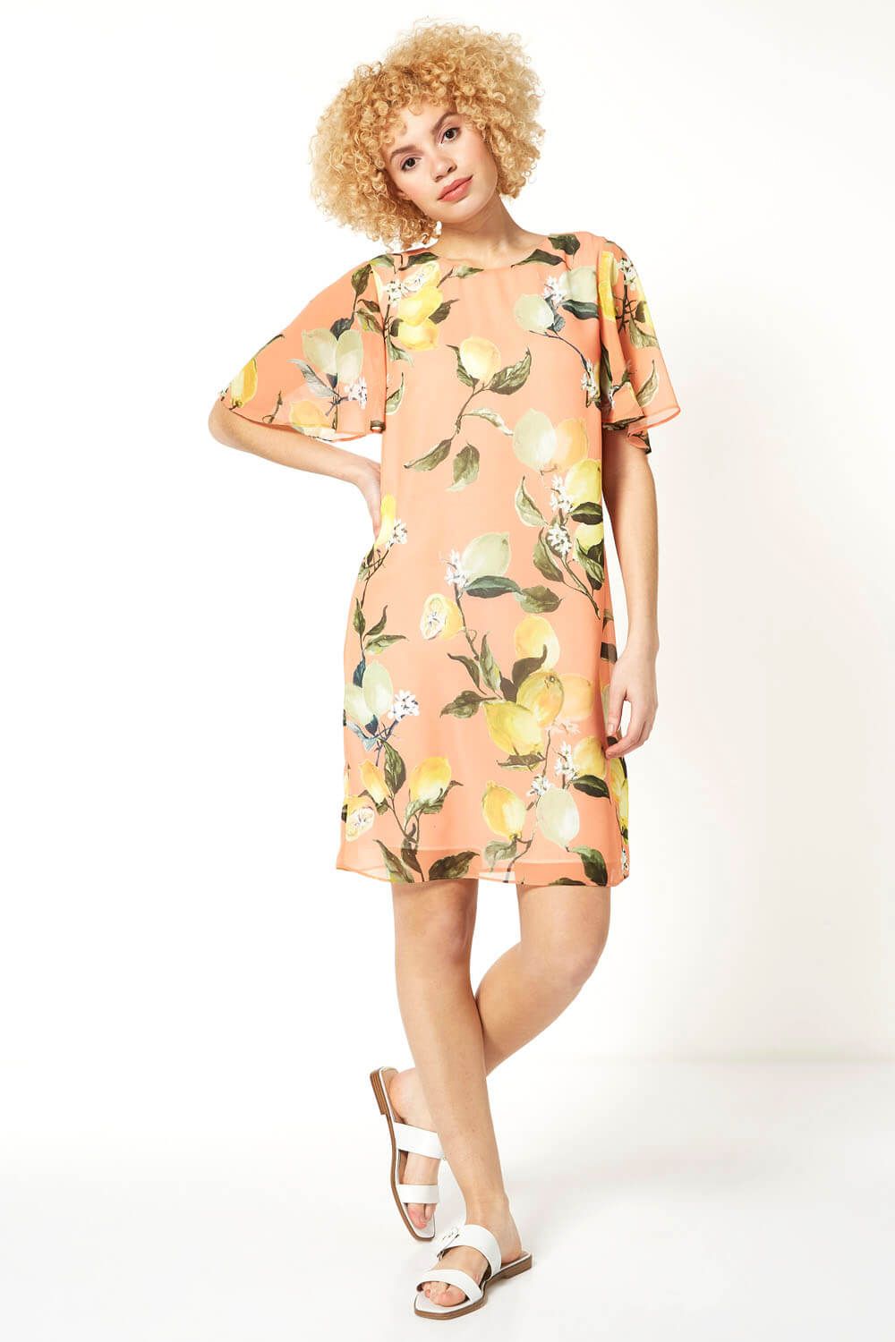 Roman Lemon Print Angel Sleeve Chiffon Shift Dress