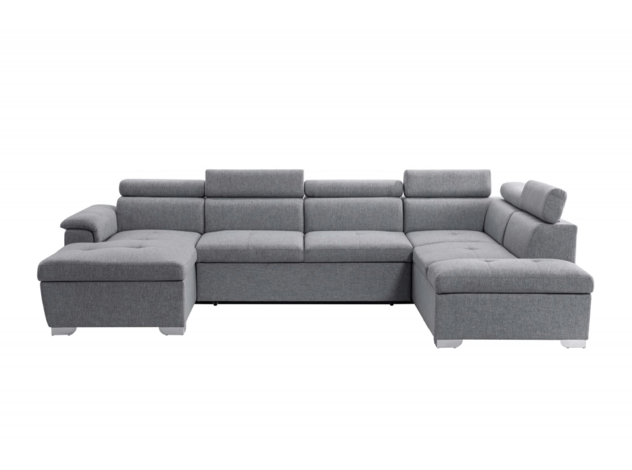 PAOLA - Canapé panoramique convertible avec coffre de rangement en tissu gris