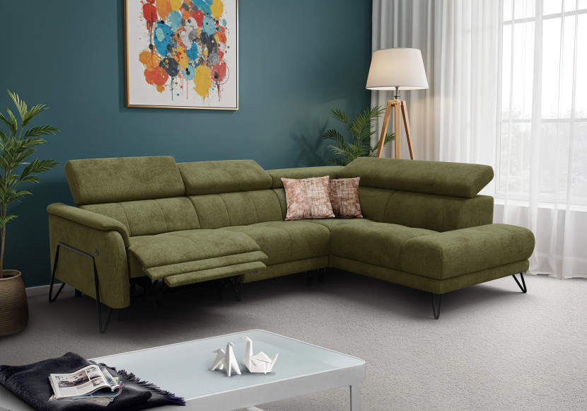 Sofa narożna 5 osobowa prawa RODEN, 1 x Relax Zero Gravity, oliwkowa
