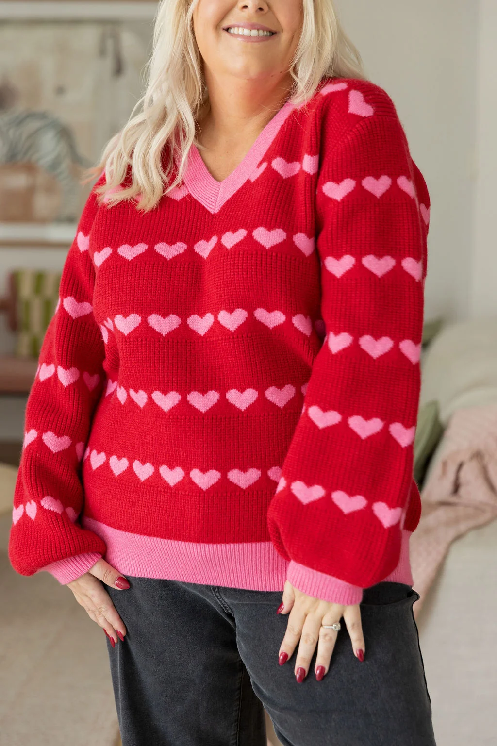 Sienna Knit Sweater in Red/Pink Hearts