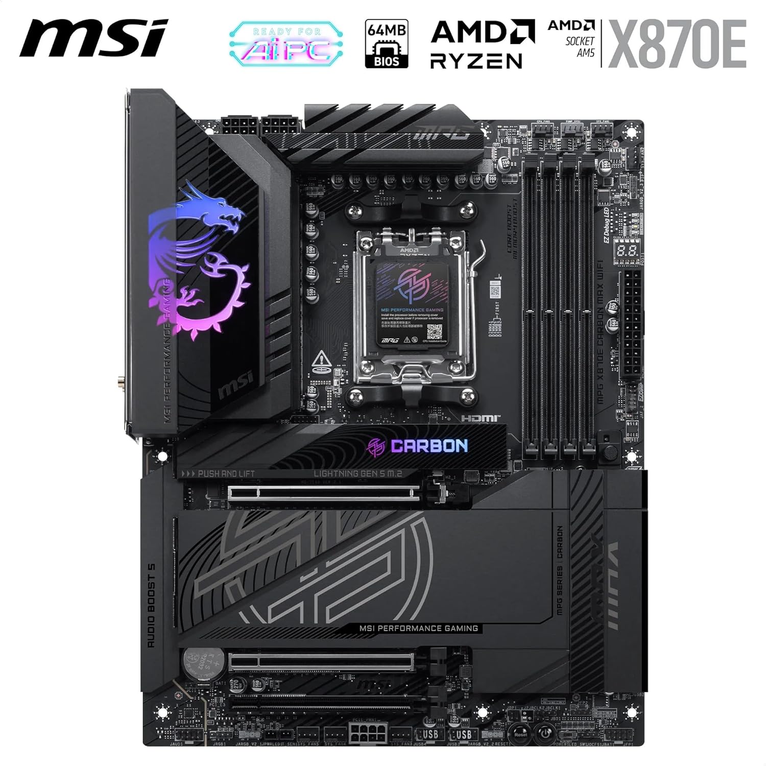 MSI MPG X870E Carbon MAX WiFi Motherboard, ATX - Supports AMD Ryzen 9000/8000 / 7000 Processors, AM5-64MB BIOS ROM, 110A SPS VRM, DDR5 Memory Boost 8400+MT/s (OC), PCIe 5.0 x16, M.2 Gen5