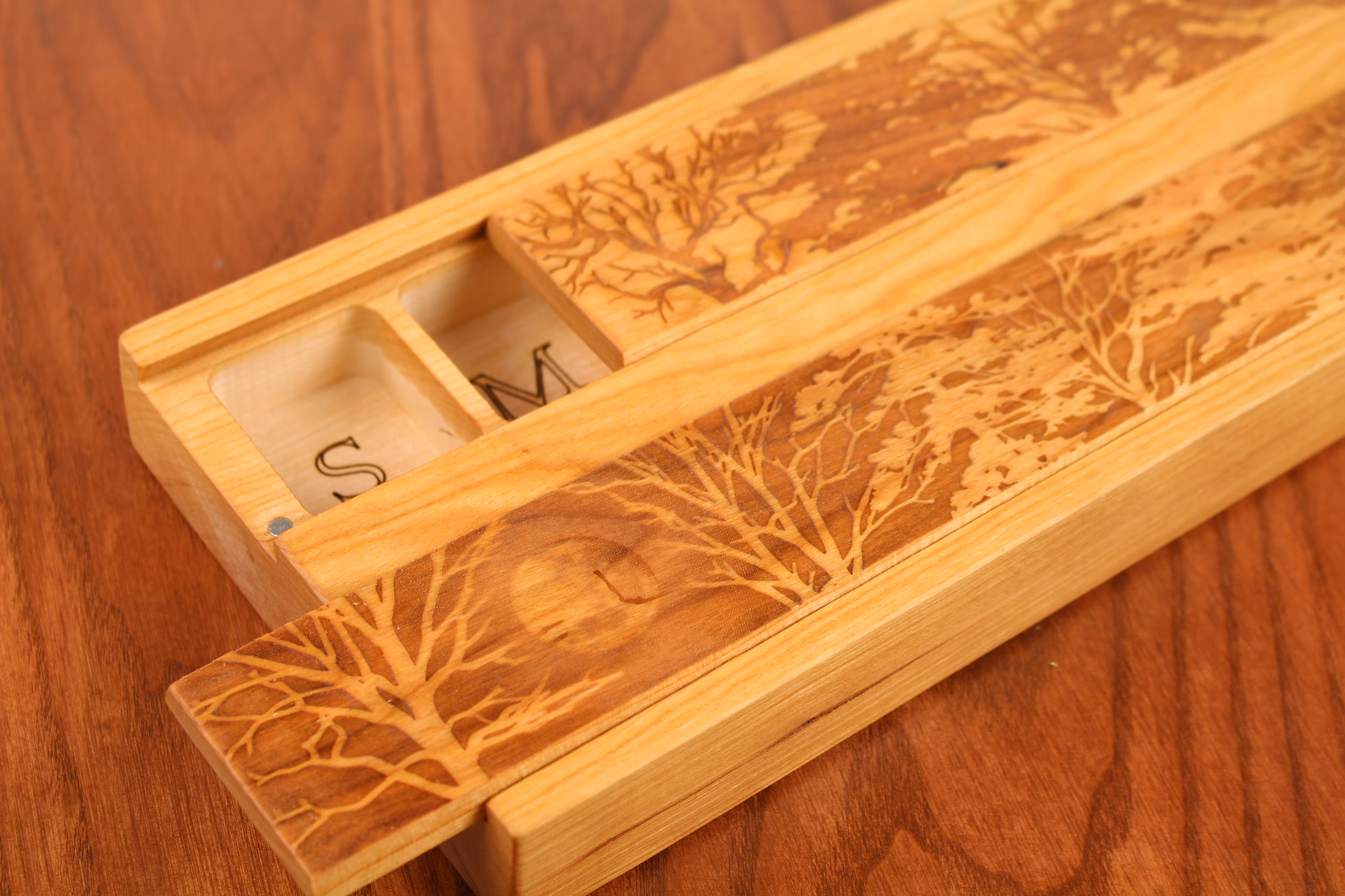JUMBO Double Day/Night Weekly Pill Box, Forest Moon/Forest Birds, Solid Cherry Hardwood, Lacquer/Oil Finish, Paul Szewc, Masterpiece Laser
