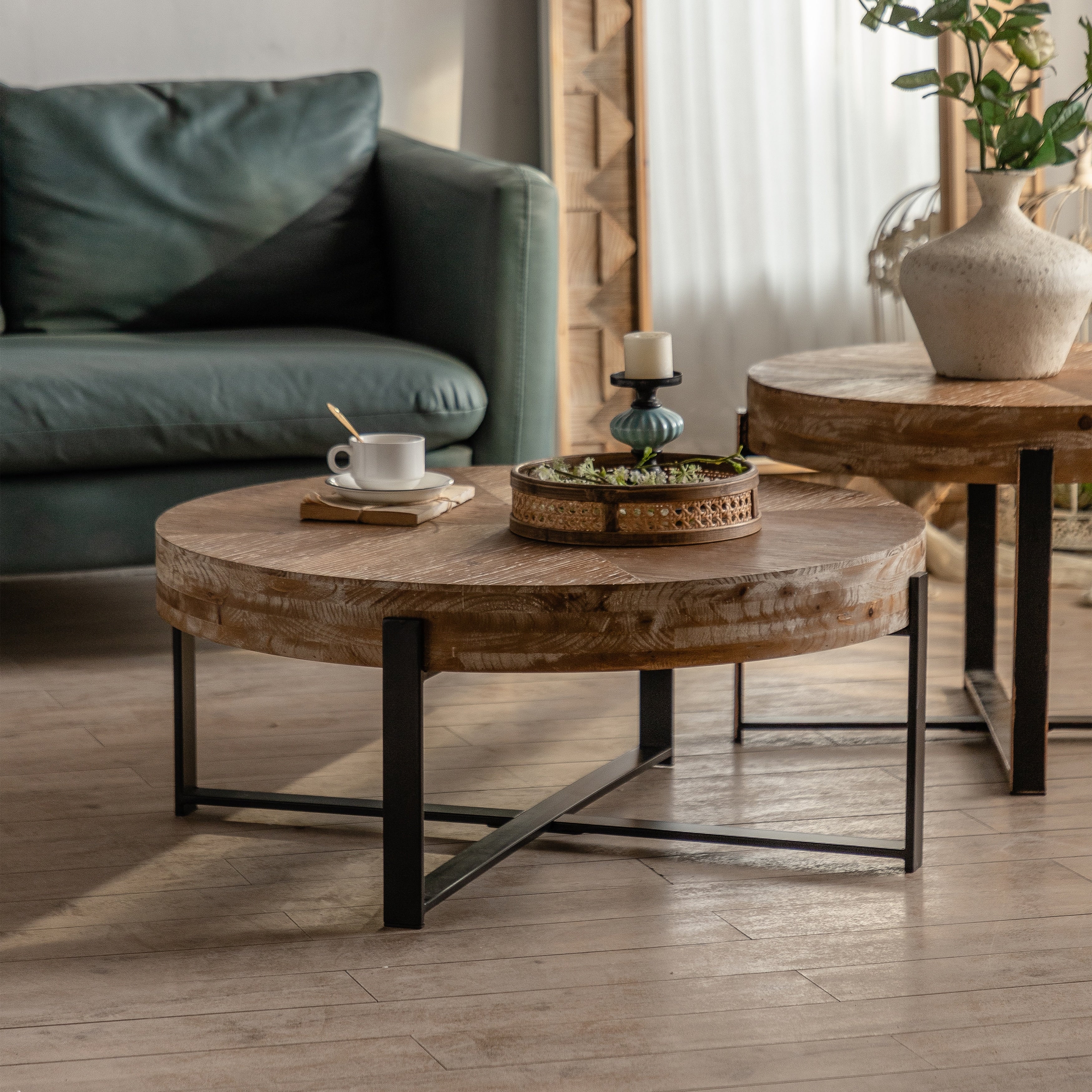 Round Coffee Table with Cross Legs Base