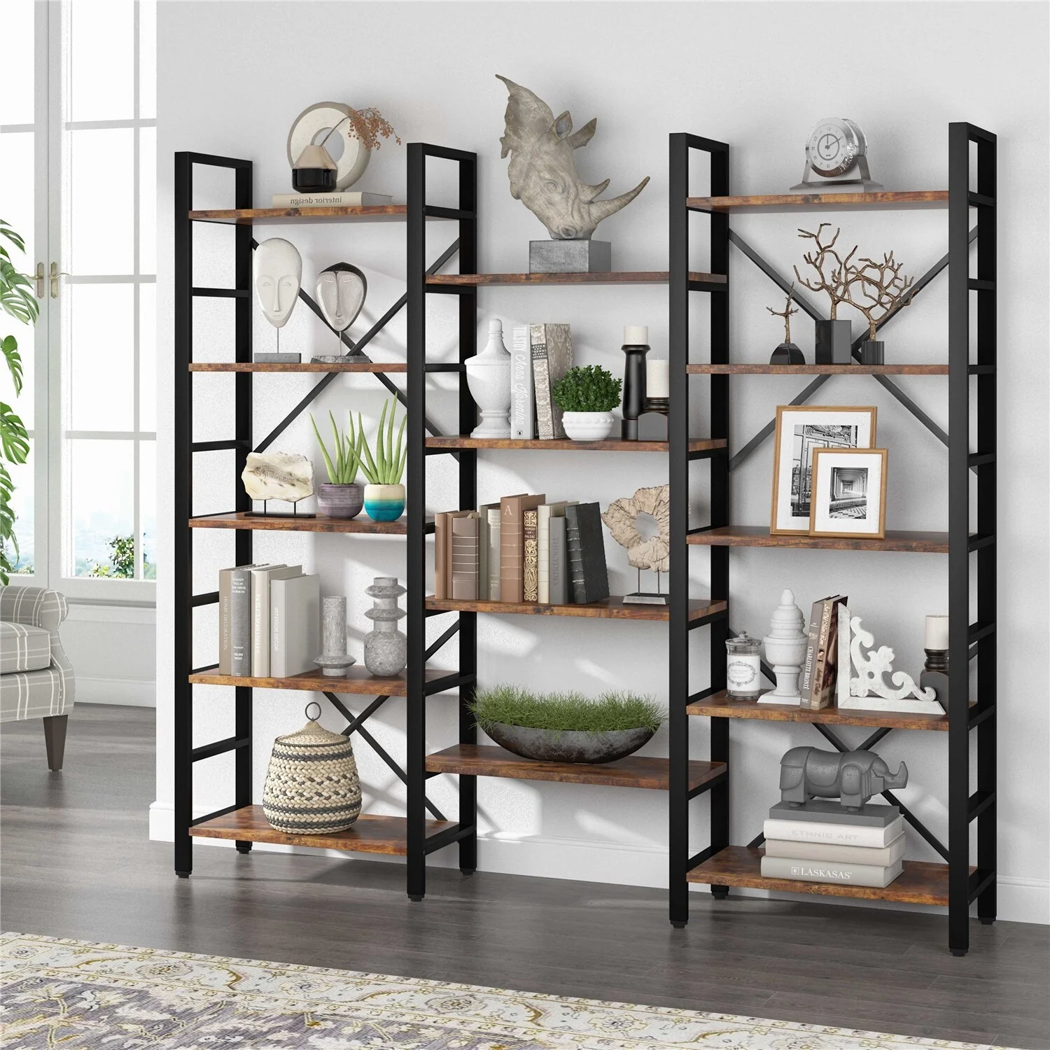 Industrial Large Triple Wide 5-Shelf Etagere Bookcase Bookshelf, Display Decorative Shelf