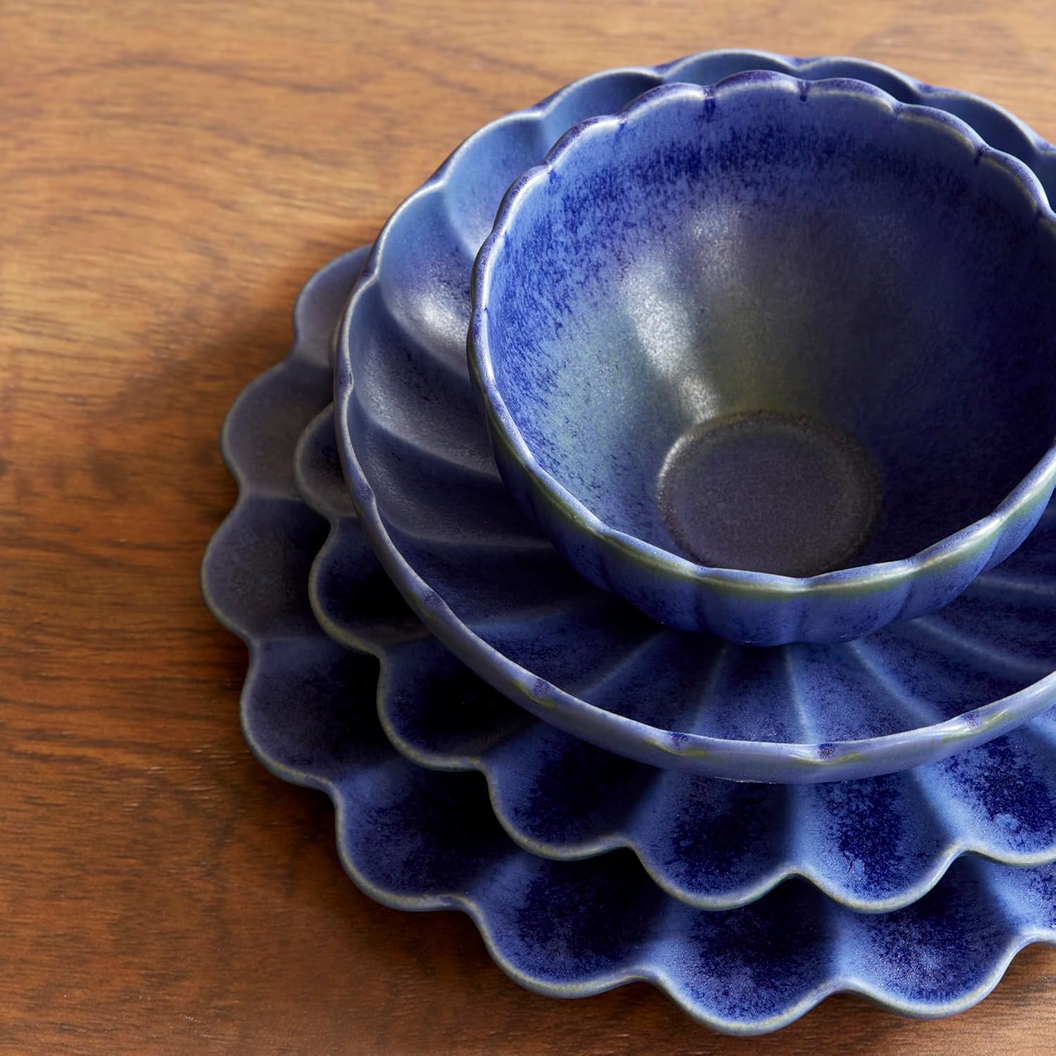 LEMIEUX ET CIE Dhalia 4-Piece Bowl Set Stoneware, Bowls, Dishwasher and Microwave Safe, Dish Set for 4, Blue