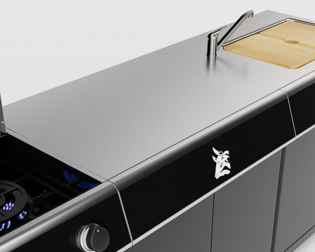 Beefmaster Premium 6 Burner Outdoor Kitchen with Range, Sink & Bench on Classic Carts