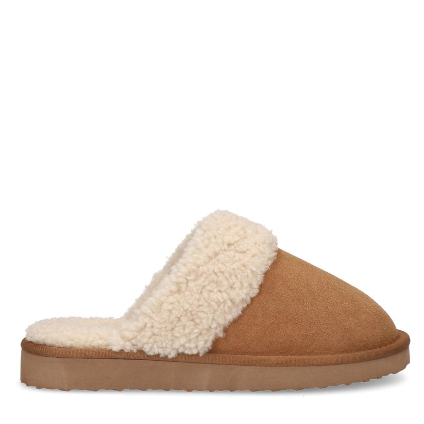 Manfield Cognac suède pantoffels met imitatiewol