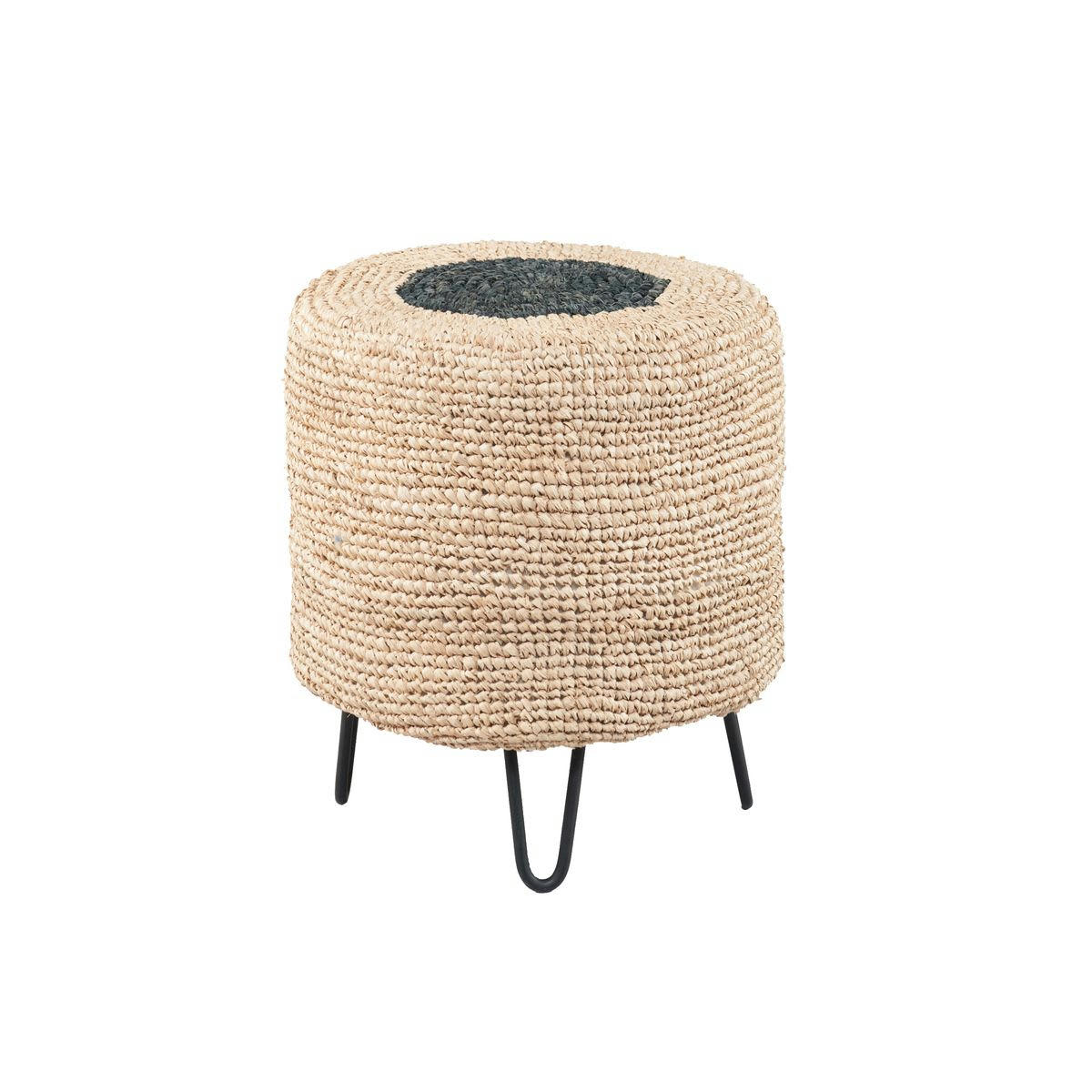 ISNA - Pouf en raphia et pieds en métal noir