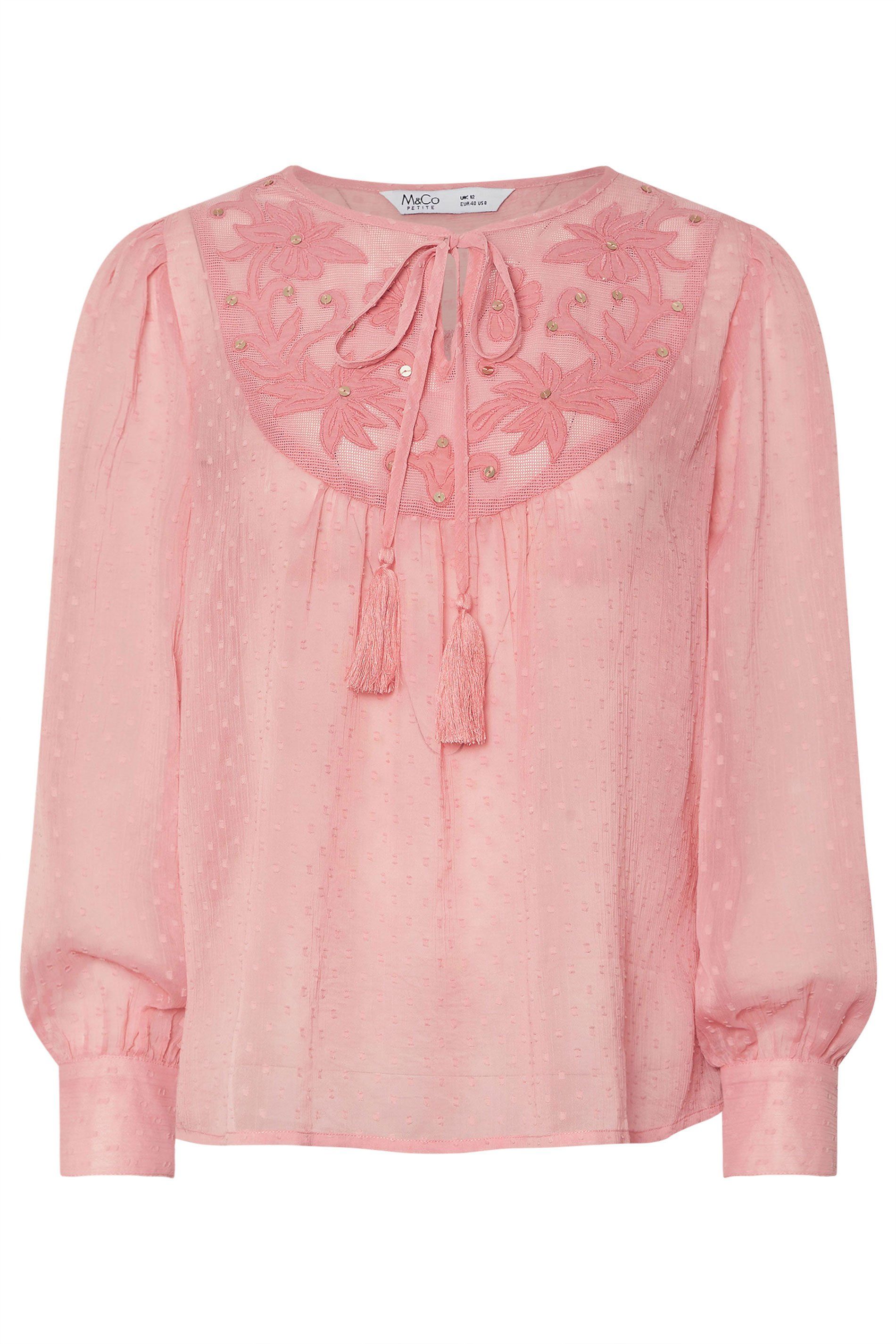 M&Co Petite Floral Embroidered Tie Neck Blouse