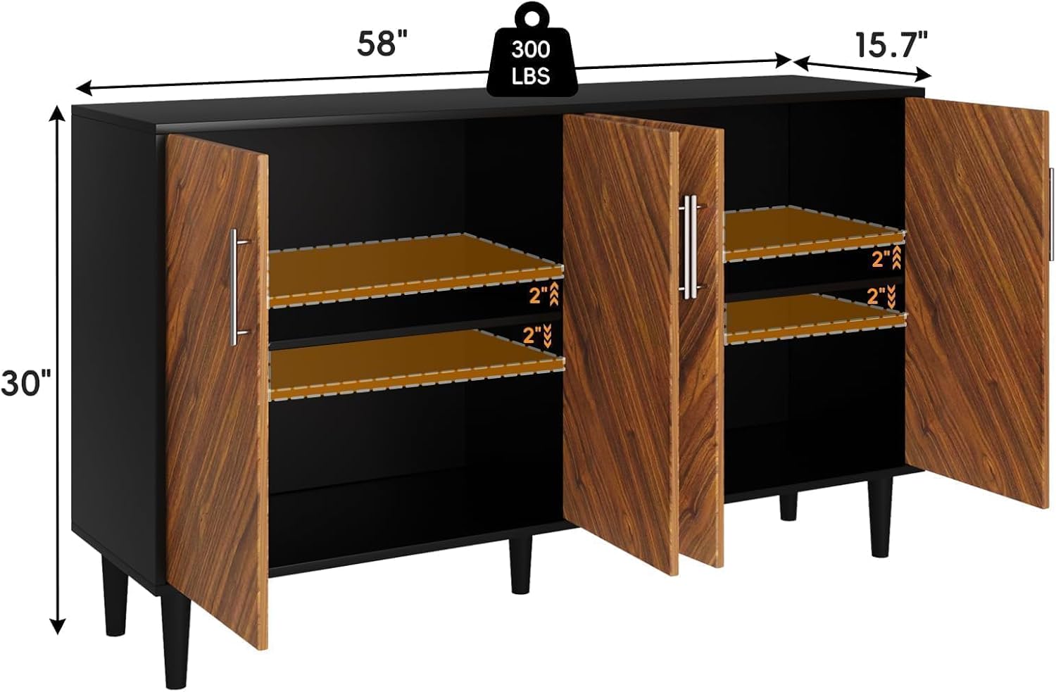 4 EVER WINNER 58 Buffet Cabinet with Storage, Coffee Bar Cabinet with 4 Large Doors, Storage Cabinet with Adjustable Shelves for Living Room, Kitchen, Black