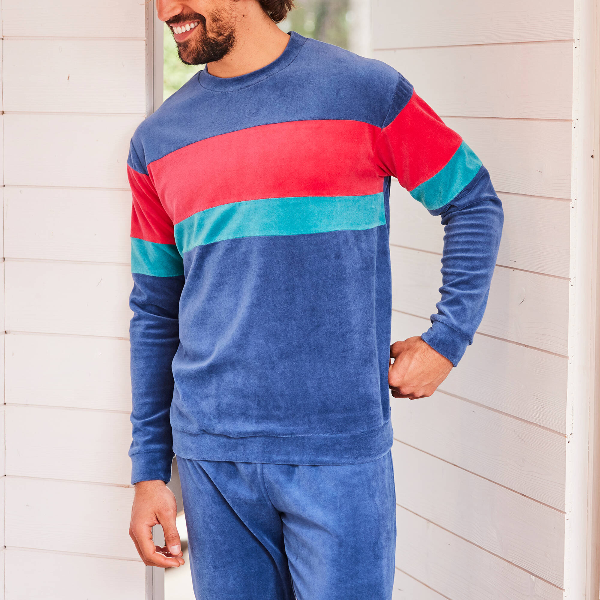 Pyjama tricolore velours manches longues