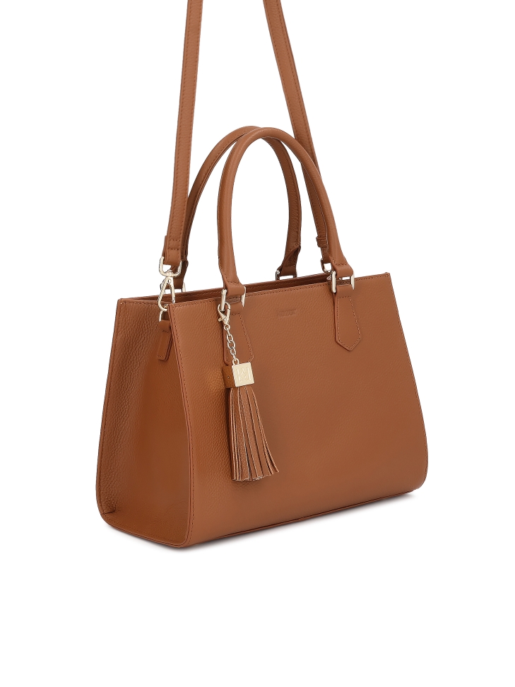 Light brown leather handbag with key ring