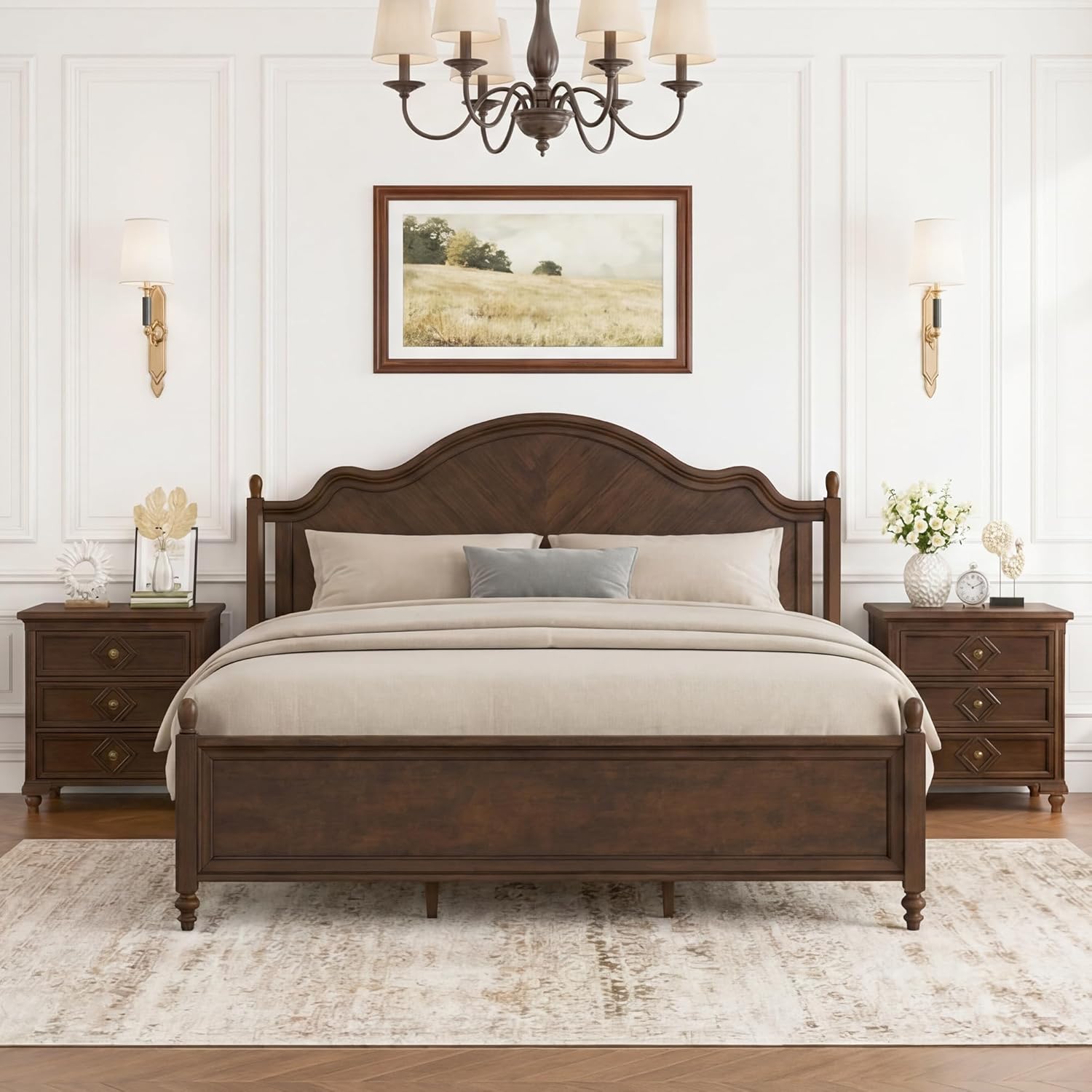Cozyman Traditional Solid Wood Bed Frame King Size with Arched Headboard & Roman Column Accents, Wooden Platform Bed Frame, Wood Slat Support, No Box Spring Needed, Easy Assembly, Dark Walnut Color