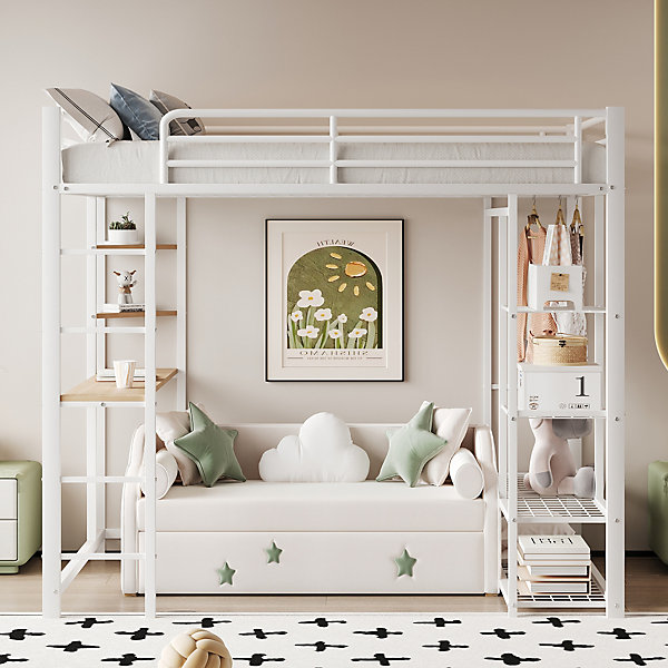 Lit mezzanine ado 90x200 cm avec bureau intégré, échelle et rangement pratique - structure métal et MDF robuste blanc