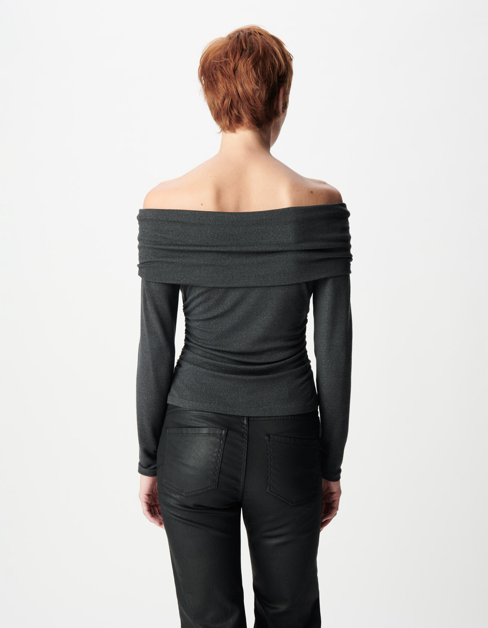 Tee-shirt col bustier gris maille pailletée Femme