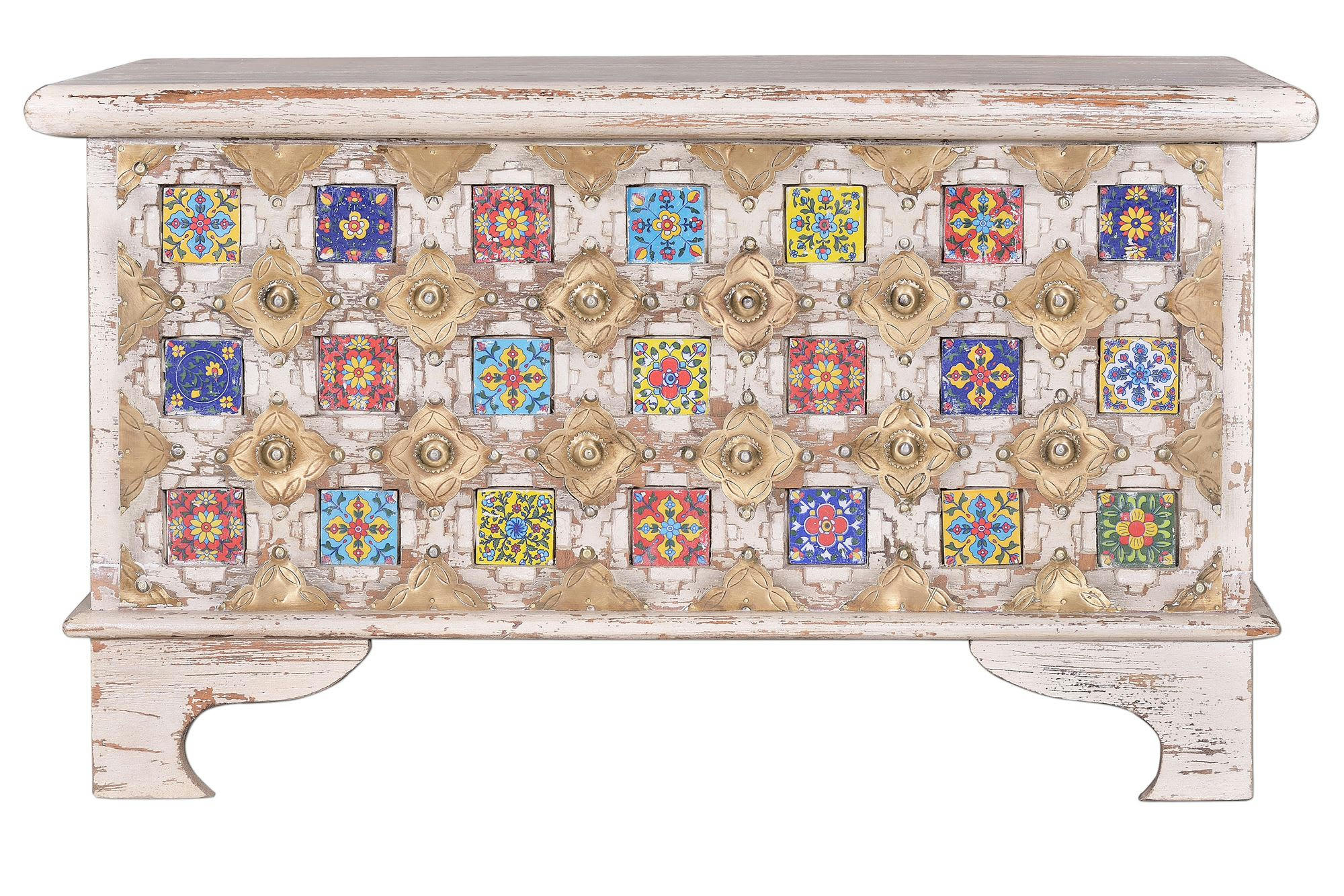 BAKHRA - Coffre en bois de manguier détails en céramique et bronze