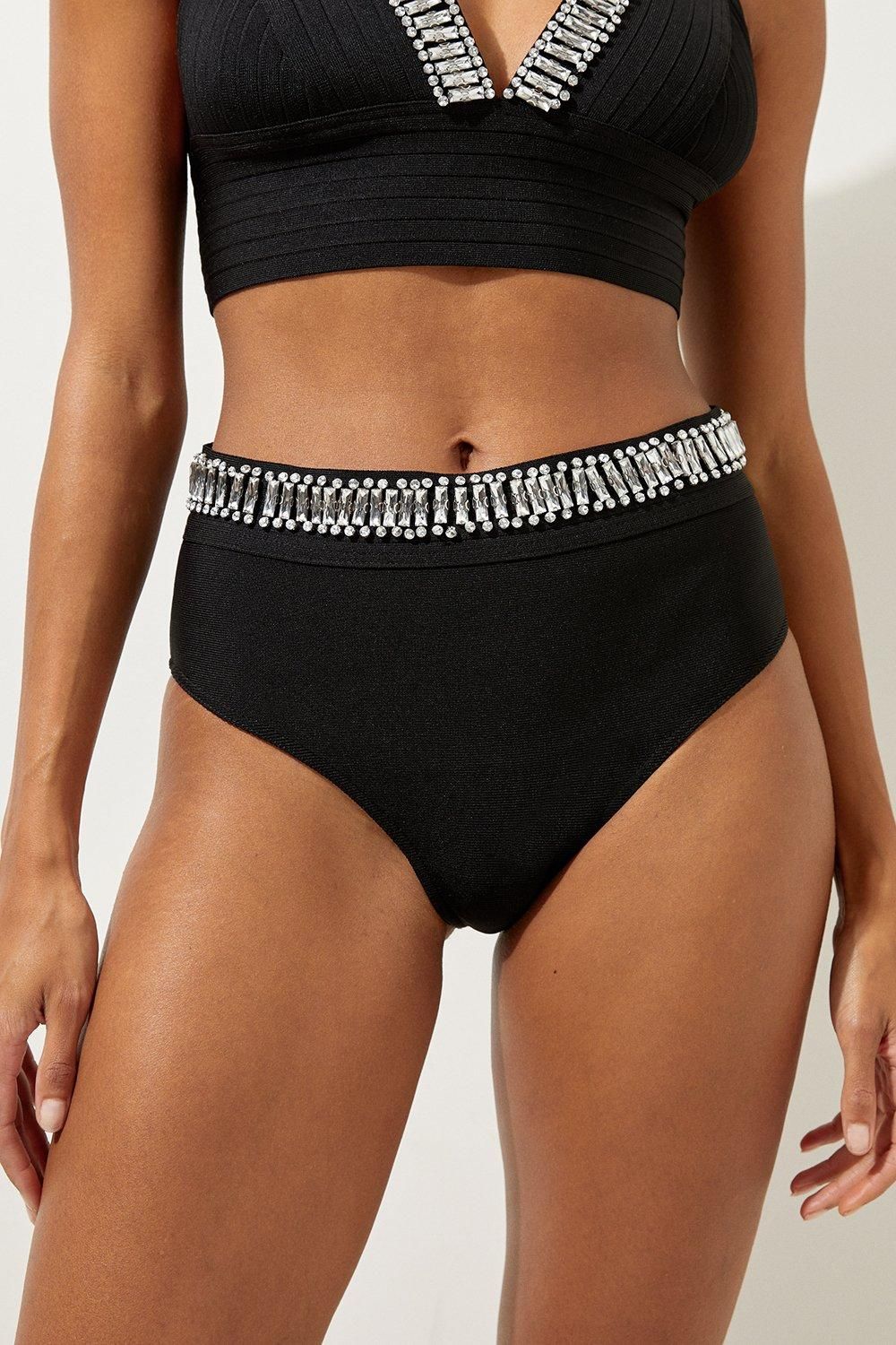 KarenMillen Bandage Embellished Trim High Waist Bikini Bottoms