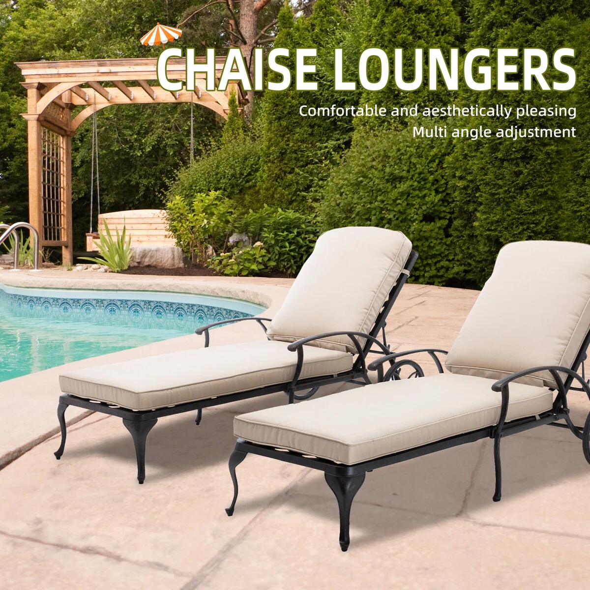 Aluminum Reclining Outdoor Chaise Lounge with Wheels and Cushions(set of 2)