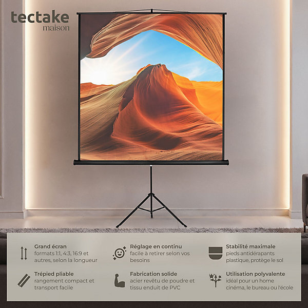 écran de projection extensible avec un trépied en polyester blanc