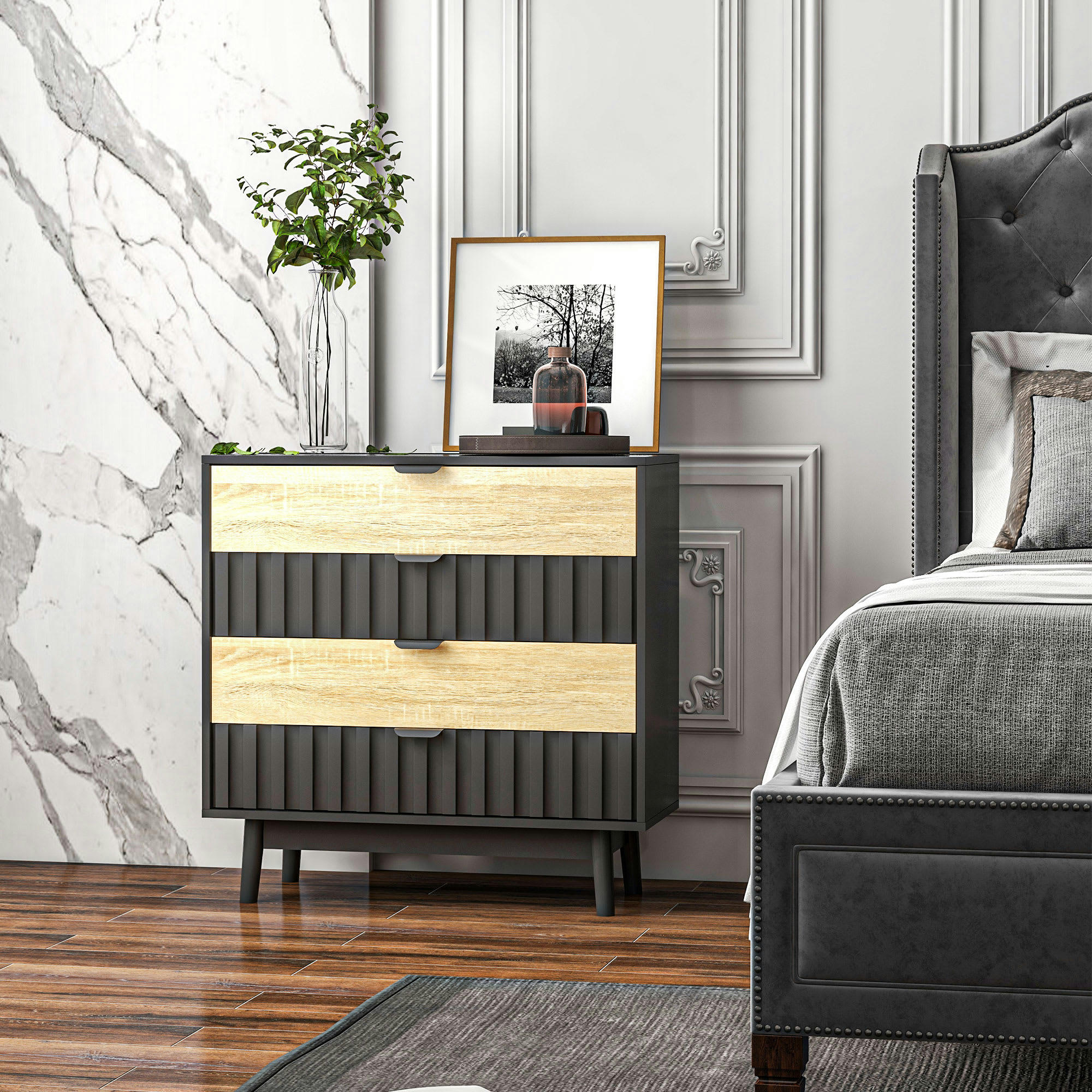 - Commode 4 tiroirs design contemporain métal noir aspect chêne clair