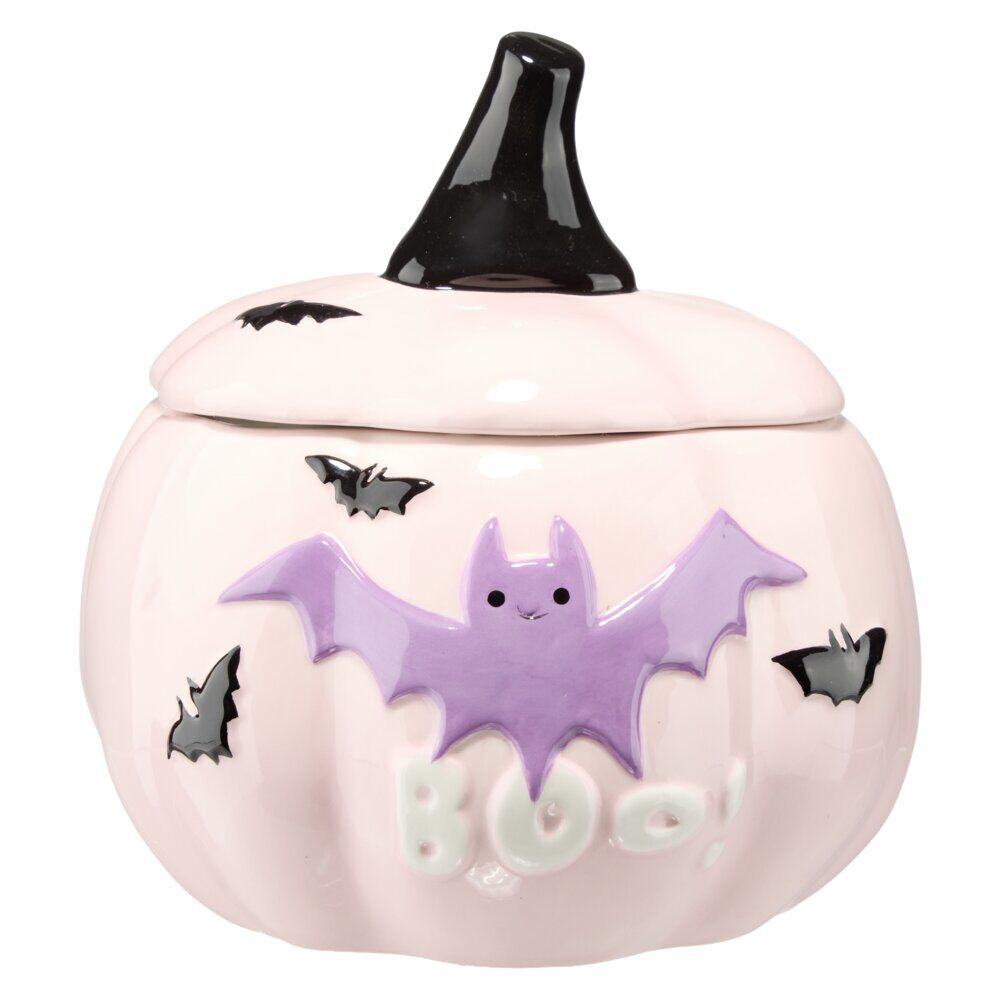 Bonbonnière Halloween 1L citrouille dolomite rose violet Ø13,5xH16cm (2 modèles orange ou rose)
