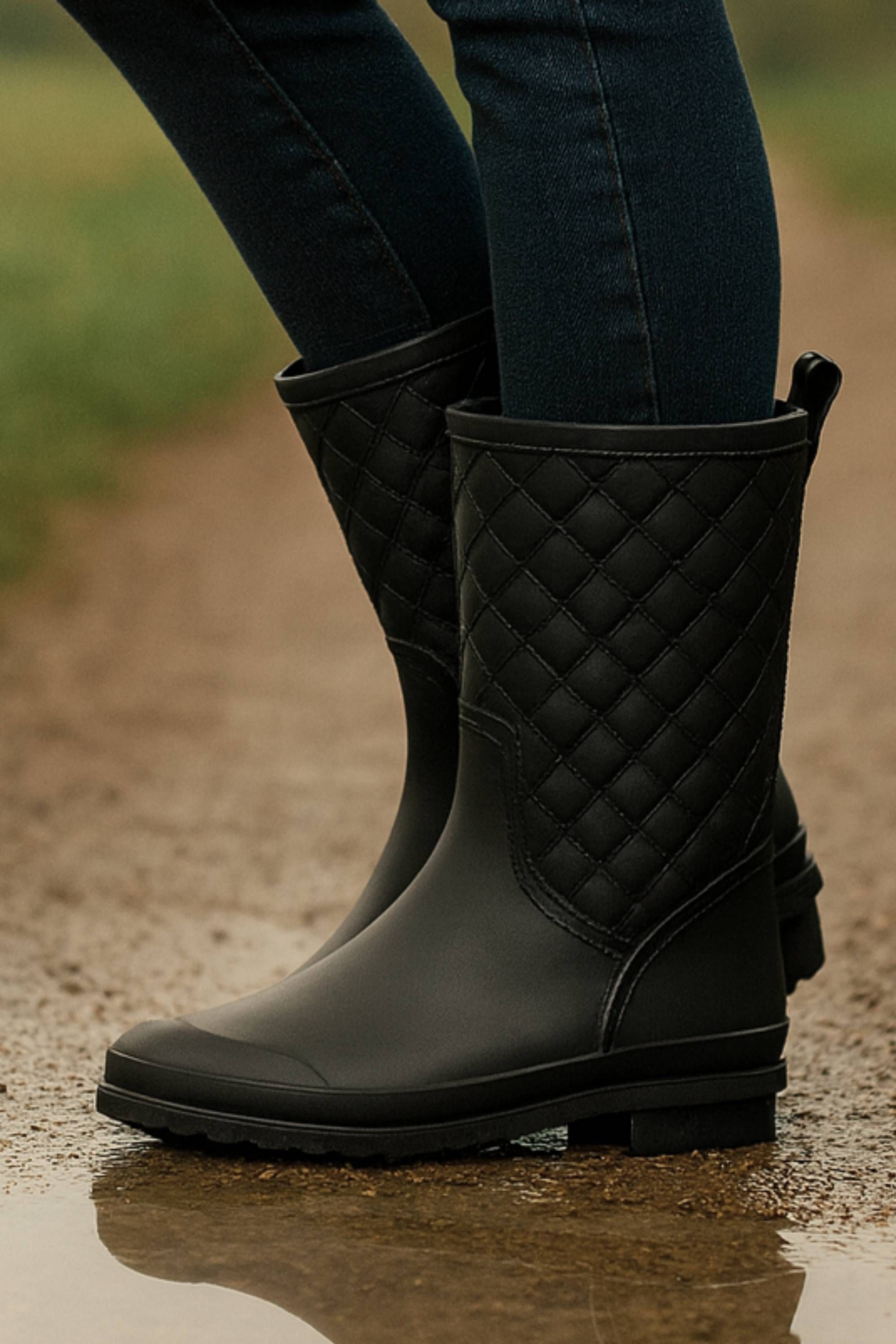 AJVANI Low Heel Waterproof Wellingtons Quilted Ankle Boots Wellies