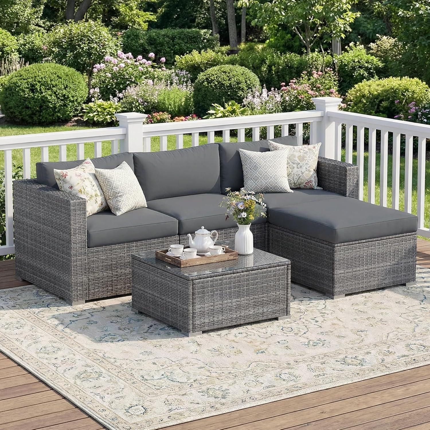 Wisteria Lane 5-Pieces Outdoor Patio Furniture Set  All Weather Wicker Rattan Sectional Sofa  Patio Conversation Set with Cushions & Glass Coffee Table for Backyard Porch Garden Balcony  Grey