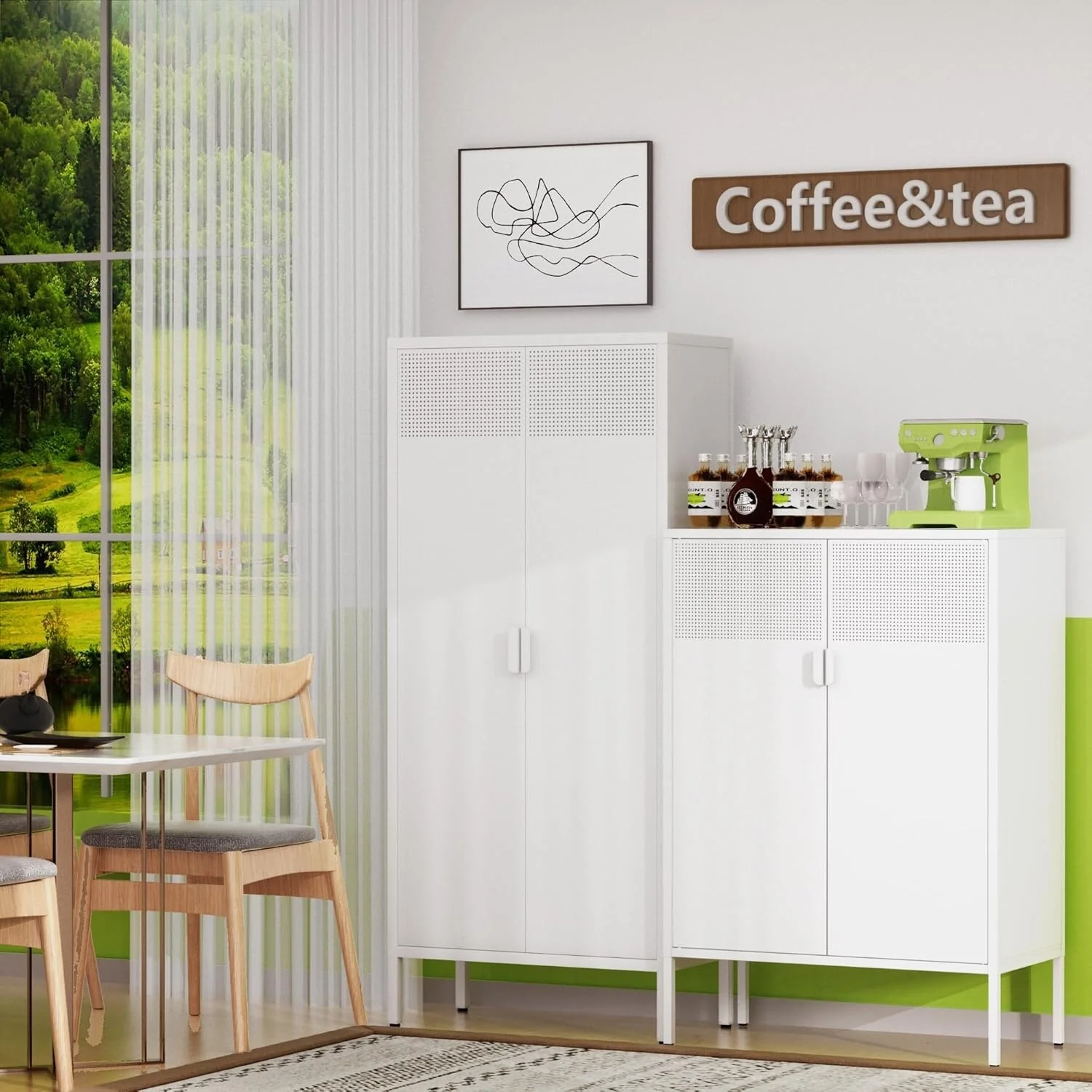 The metal food storage cabinet, 61 inches high, is equipped with adjustable shelves and is suitable for homes and kitchens