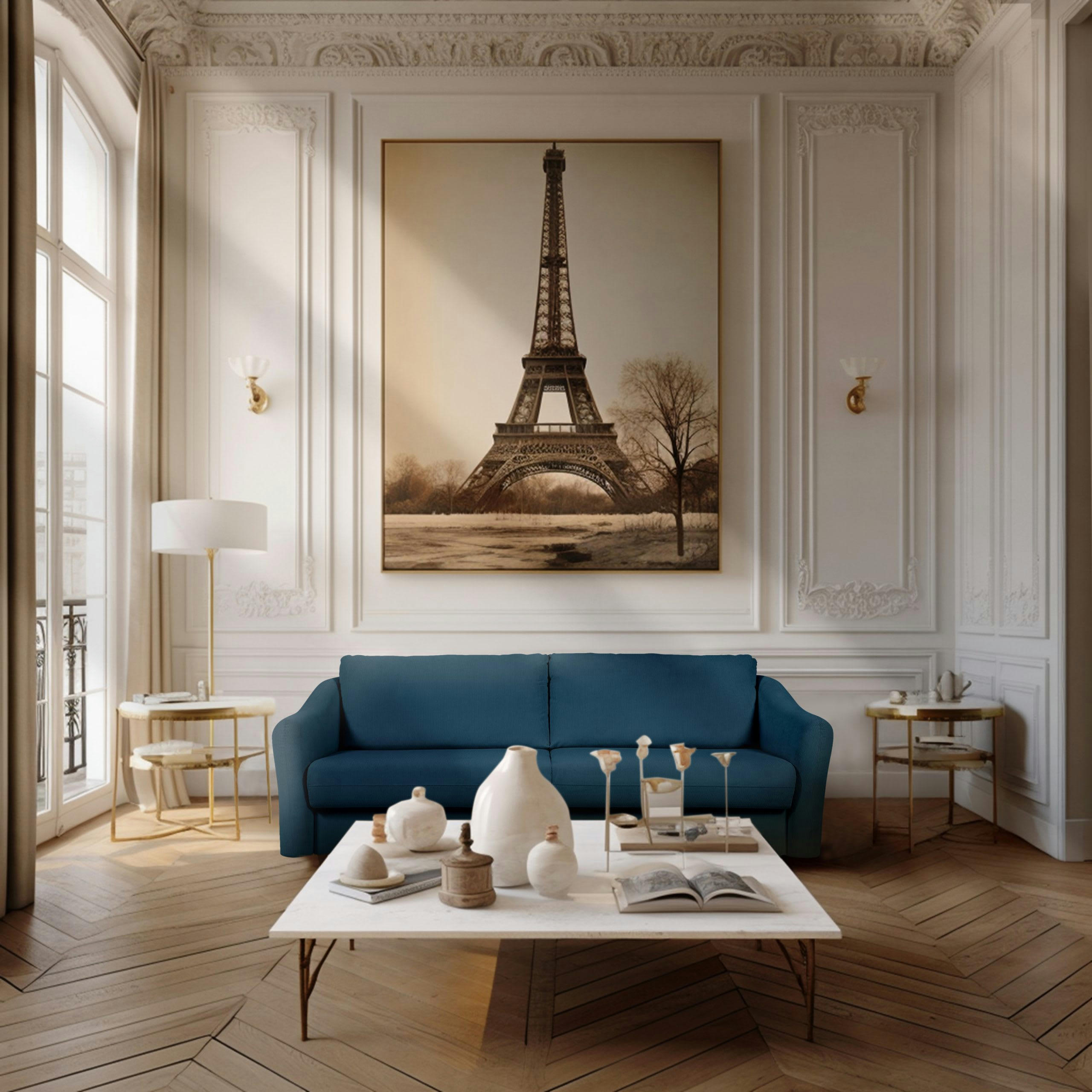 CHARDONNAY - Canapé droit convertible 3 places en velours côtelé bleu