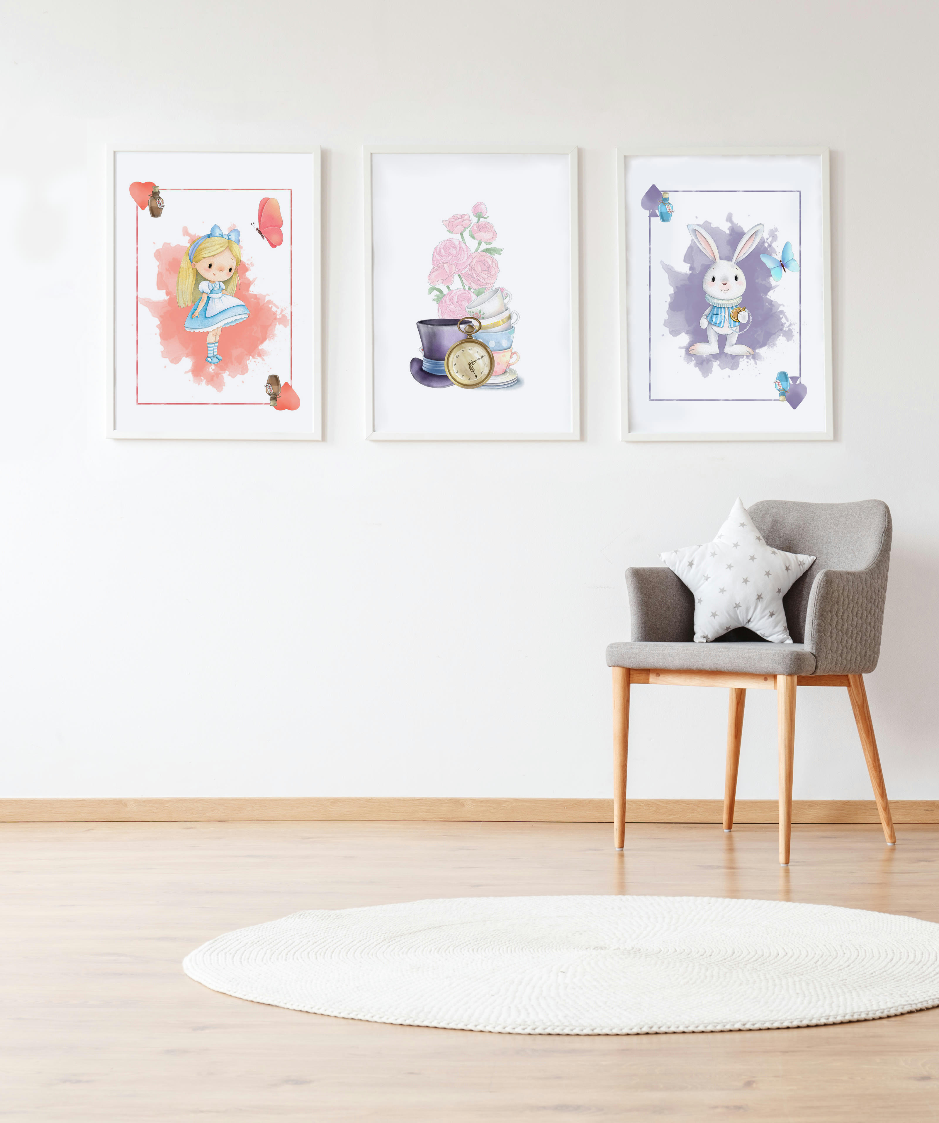 DECOWALL - Pack encadré bois blanc impression lapin Alice lettre fleurs 43X33 cm