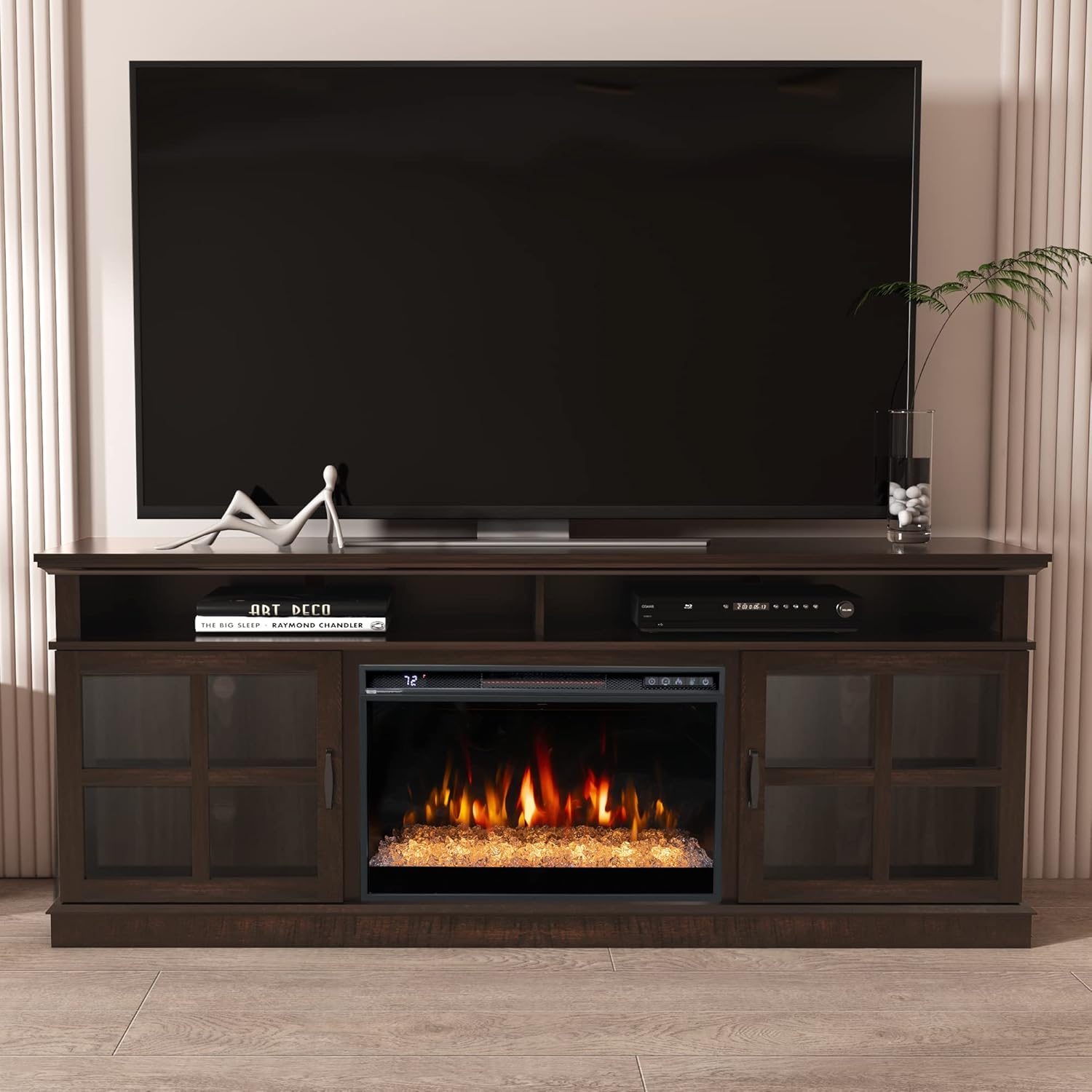 72 Fireplace TV Stand for TVs Up to 80, Entertainment Center with 26 Electric Fireplace, 5 Flame Colors Control with Remote, Modern Farmhouse Cabinet Console Glass Door, Brown
