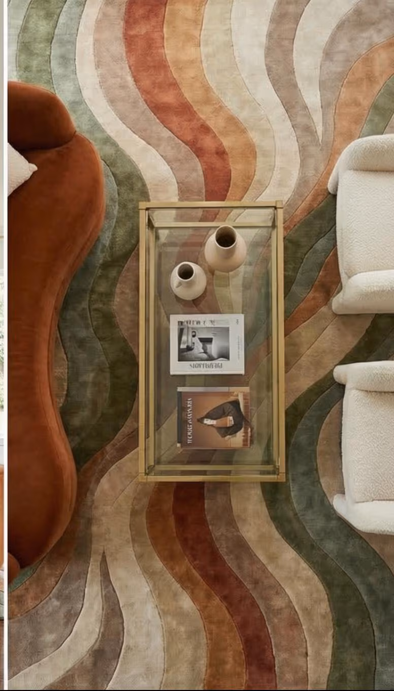 Hand Tufted Abstract Rug, Mid Century Modern Wave Rug, Earth Tone Living Room Rug, Organic Modern Area Rug, Sage Green Rust Cream Carpet