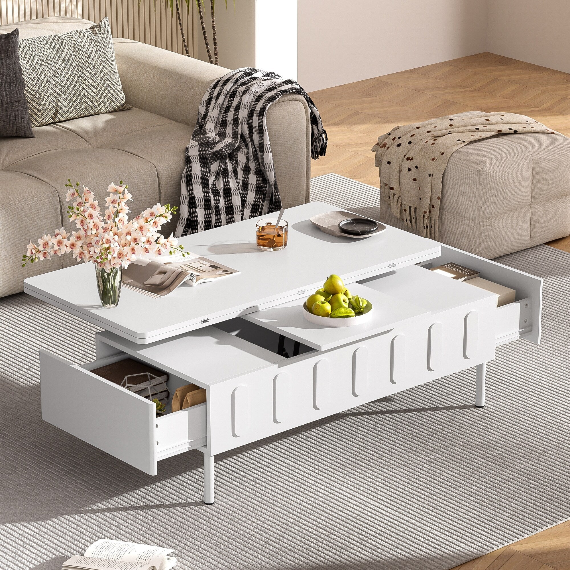 Lift-Top Coffee Table with 2 Drawers,Center Table with Foldable Top,Multi-Functional Adjustable Table with Hidden Storage