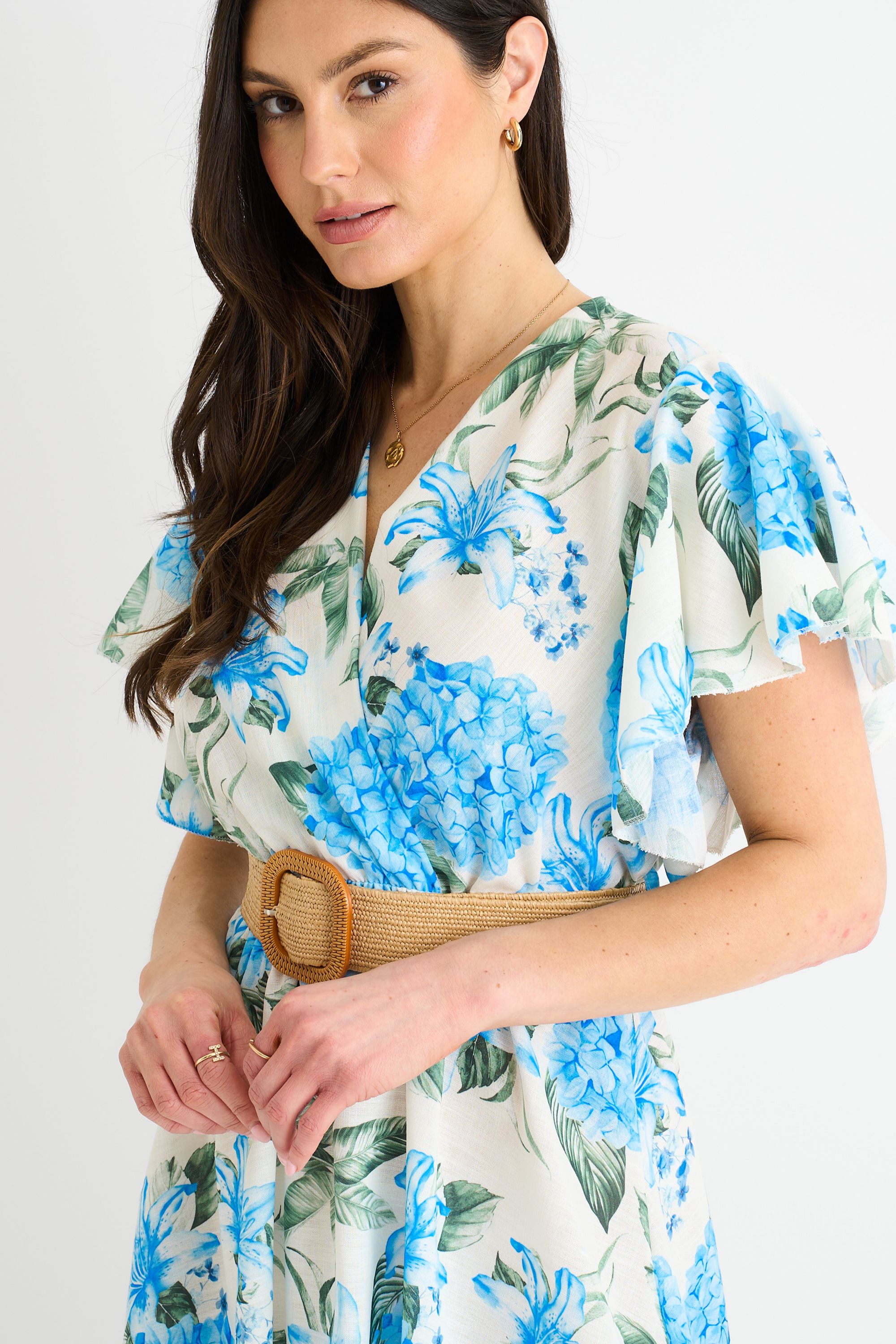 Gini London Blue Floral Print Angel Sleeves Belted Wrap Midi Dress