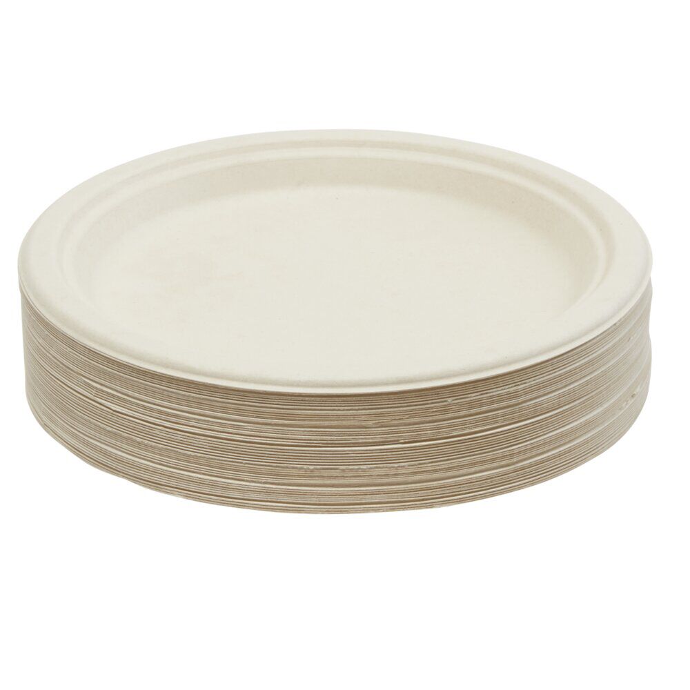 Lot de 50 assiettes plates rondes jetables en canne à sucre