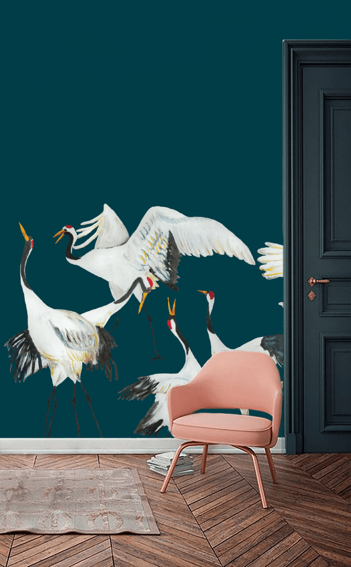 Catchii Behang Mural kraanvogels blauw Japanese Crane Dance