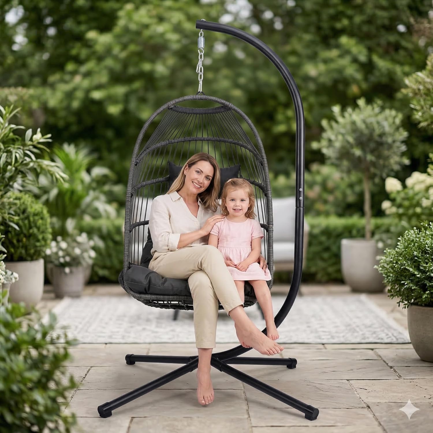Hanging Egg Chair with Stand, Foldable Oversized Swing Chair, All-Weather Core-Spun Rope, Premium Fabric, Thick Breathable Water-Resistant Cushion, 350LBS Indoor Outdoor (Dark Grey)